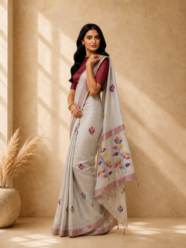 Beige & Red Cotton Blend Ethnic Woven Design Saree with Gold Zari Border