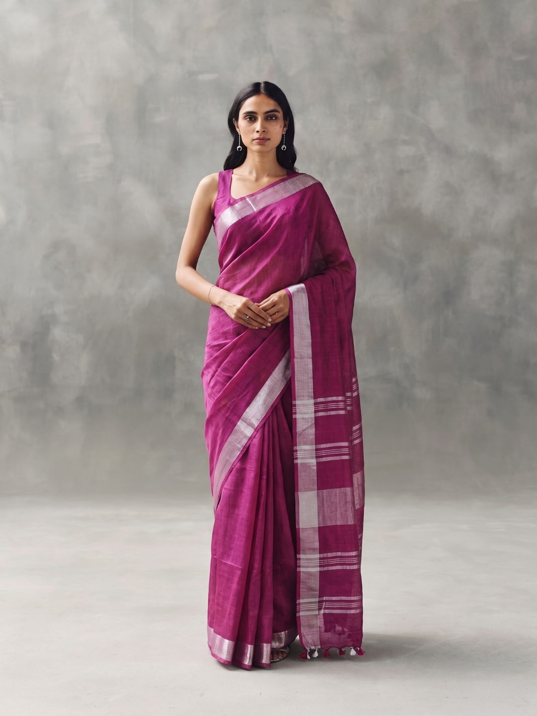 Pink Handloom Cotton Slub Saree with Silver Zari Border