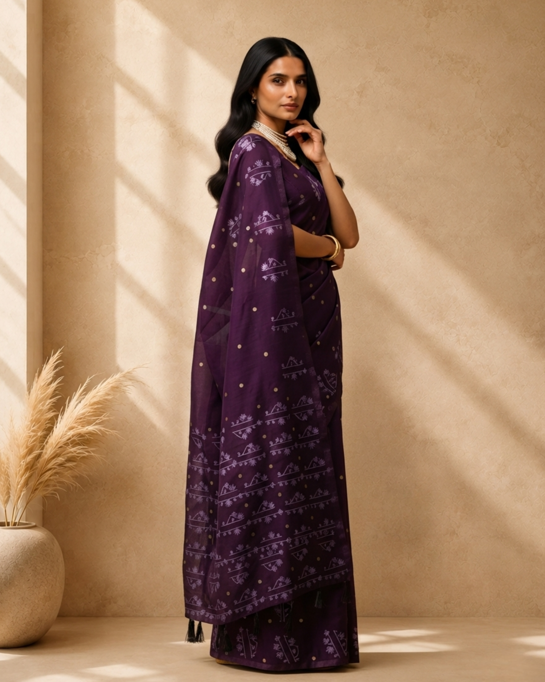 Purple Cotton Blend Ethnic Woven Design Saree with Sequinned