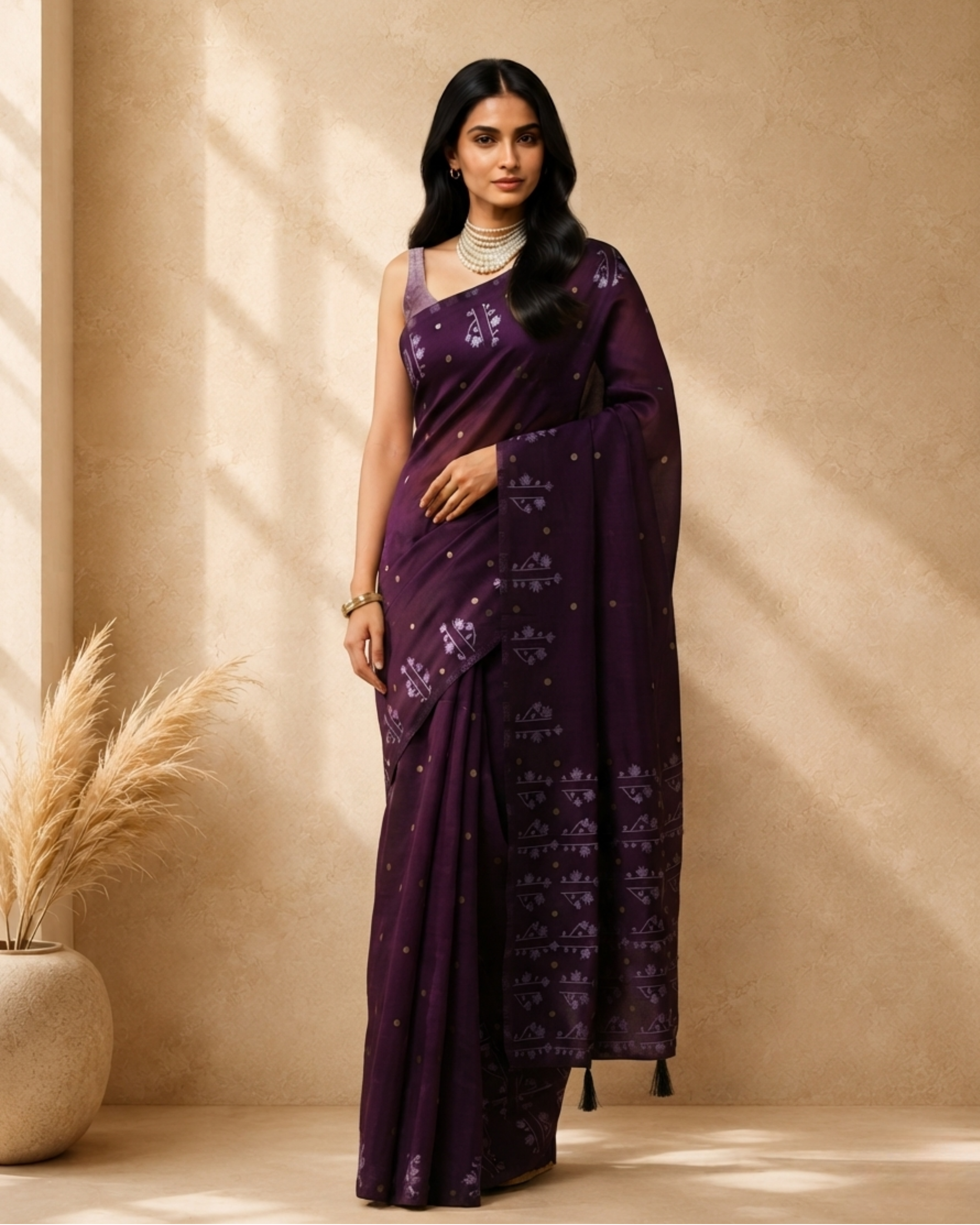 Purple Cotton Blend Ethnic Woven Design Saree with Sequinned