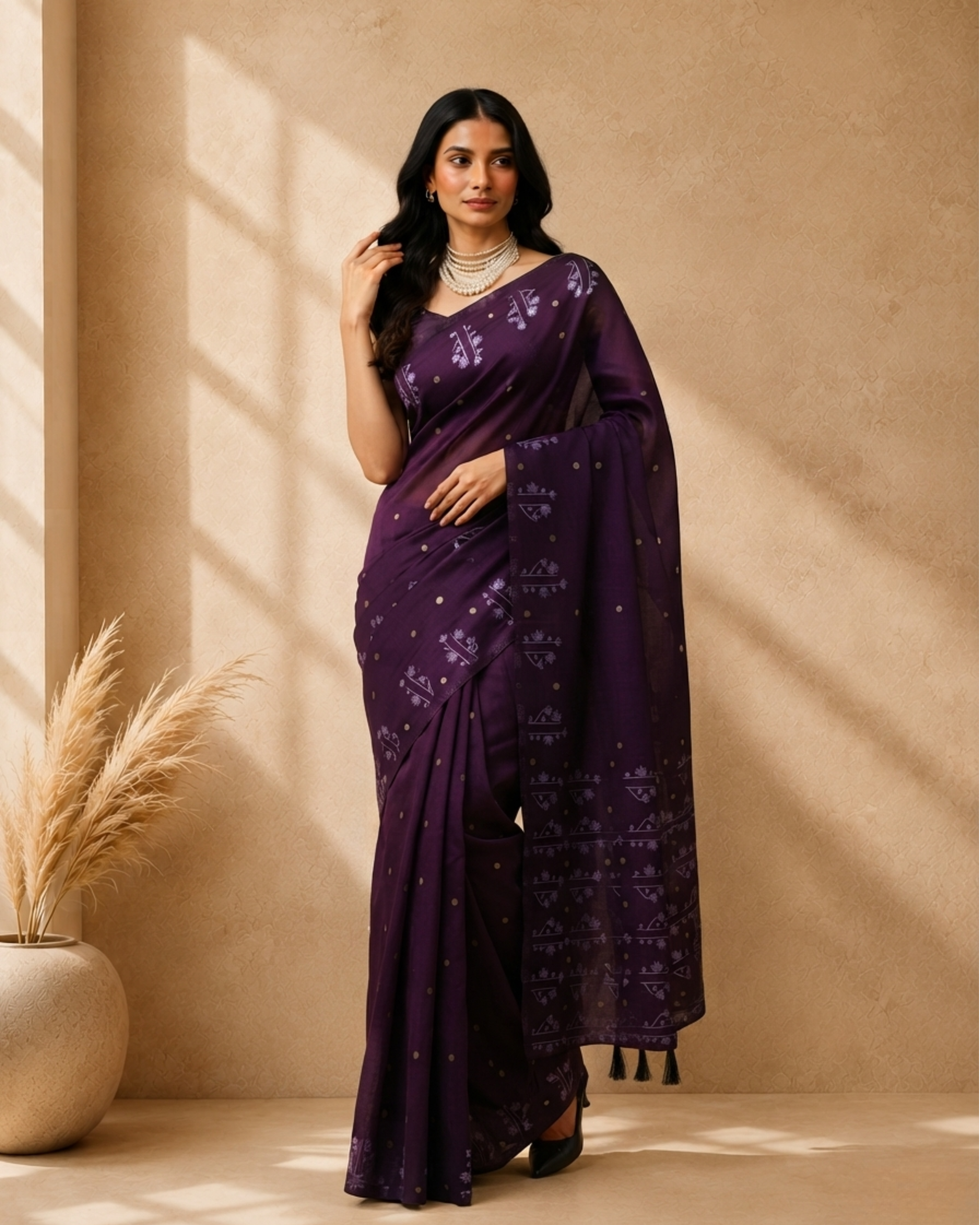 Purple Cotton Blend Ethnic Woven Design Saree with Sequinned