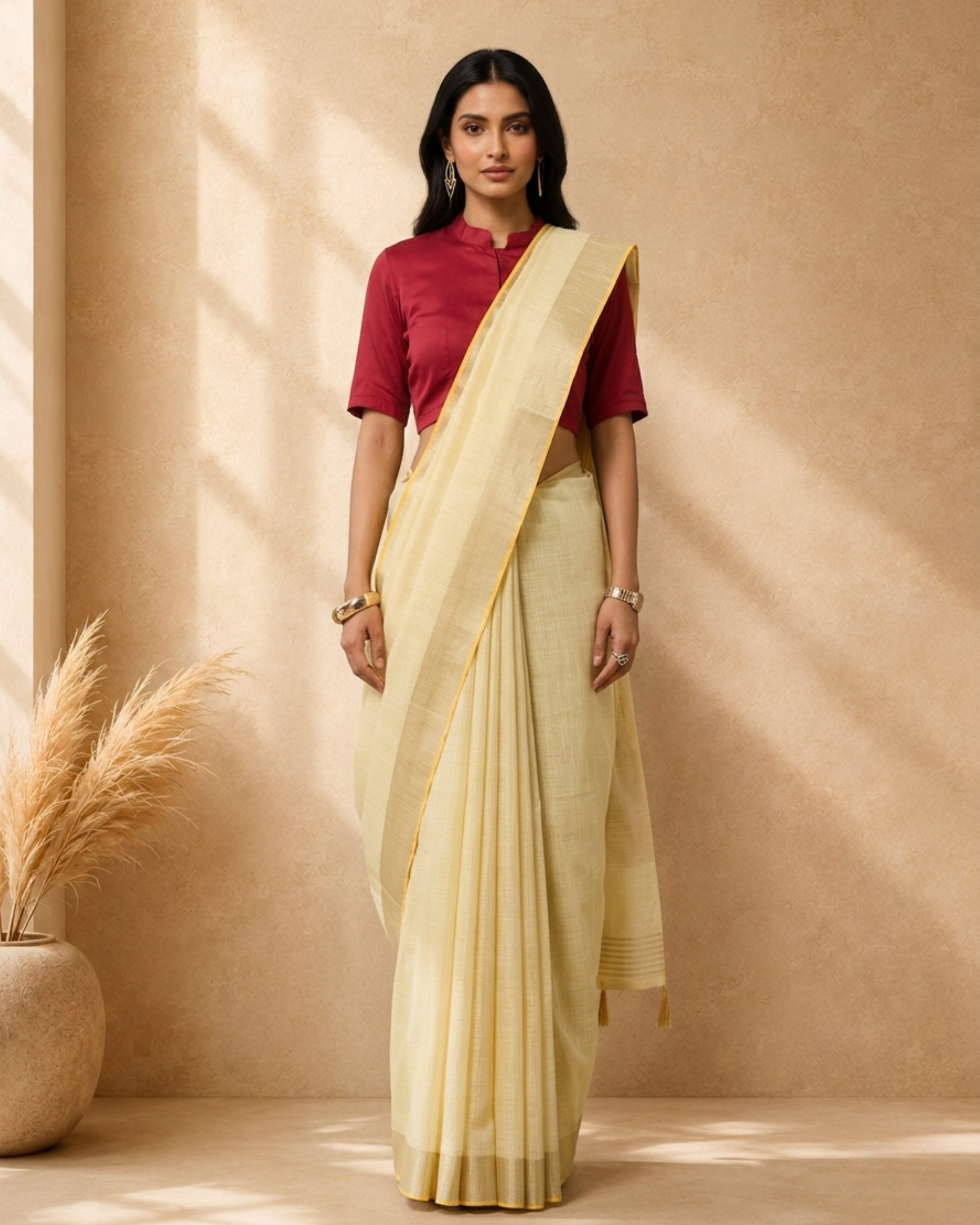 Lemon Yellow Cotton Blend Woven Saree with Border