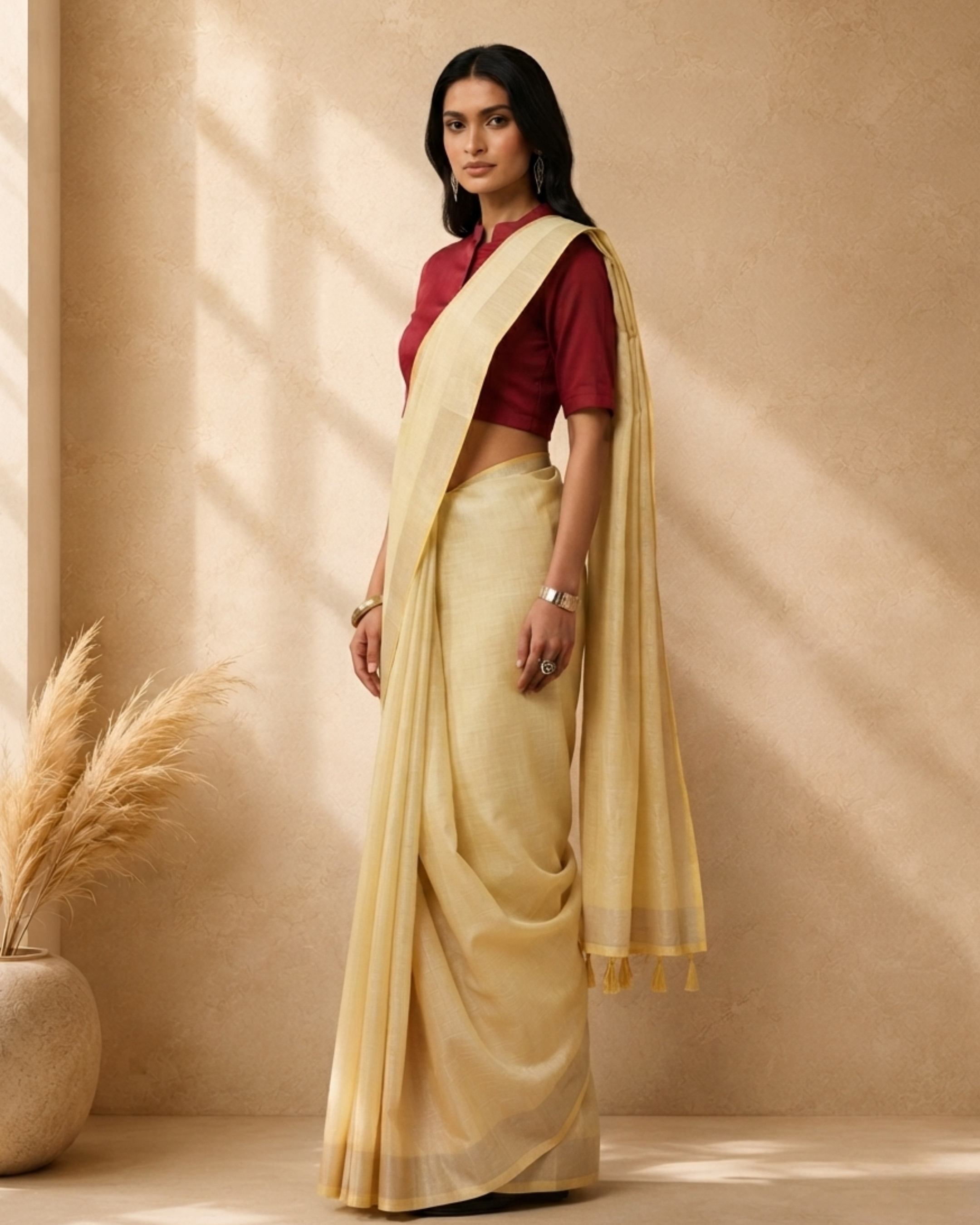 Lemon Yellow Cotton Blend Woven Saree with Border