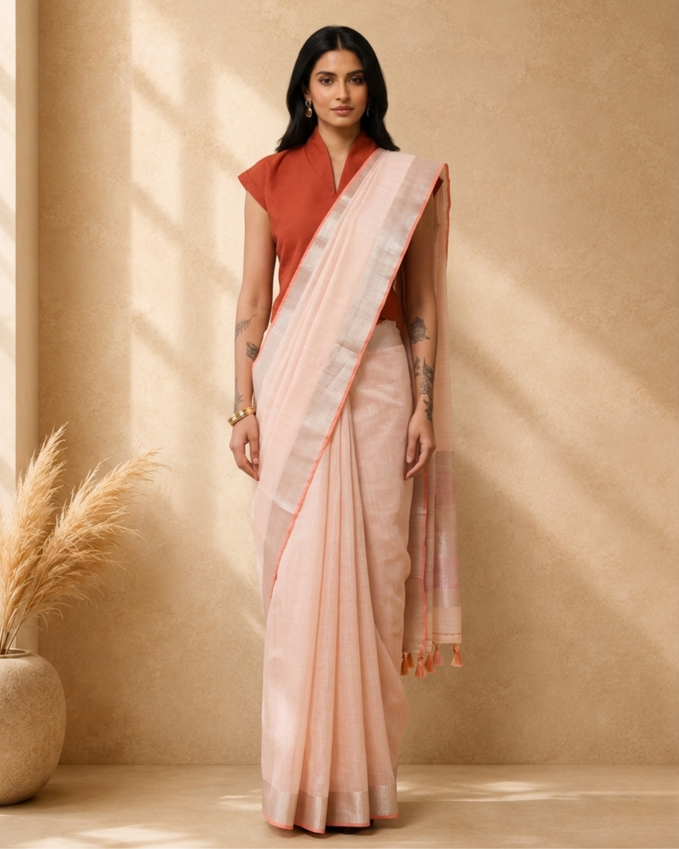 Pink Cotton Blend Woven Saree with Border