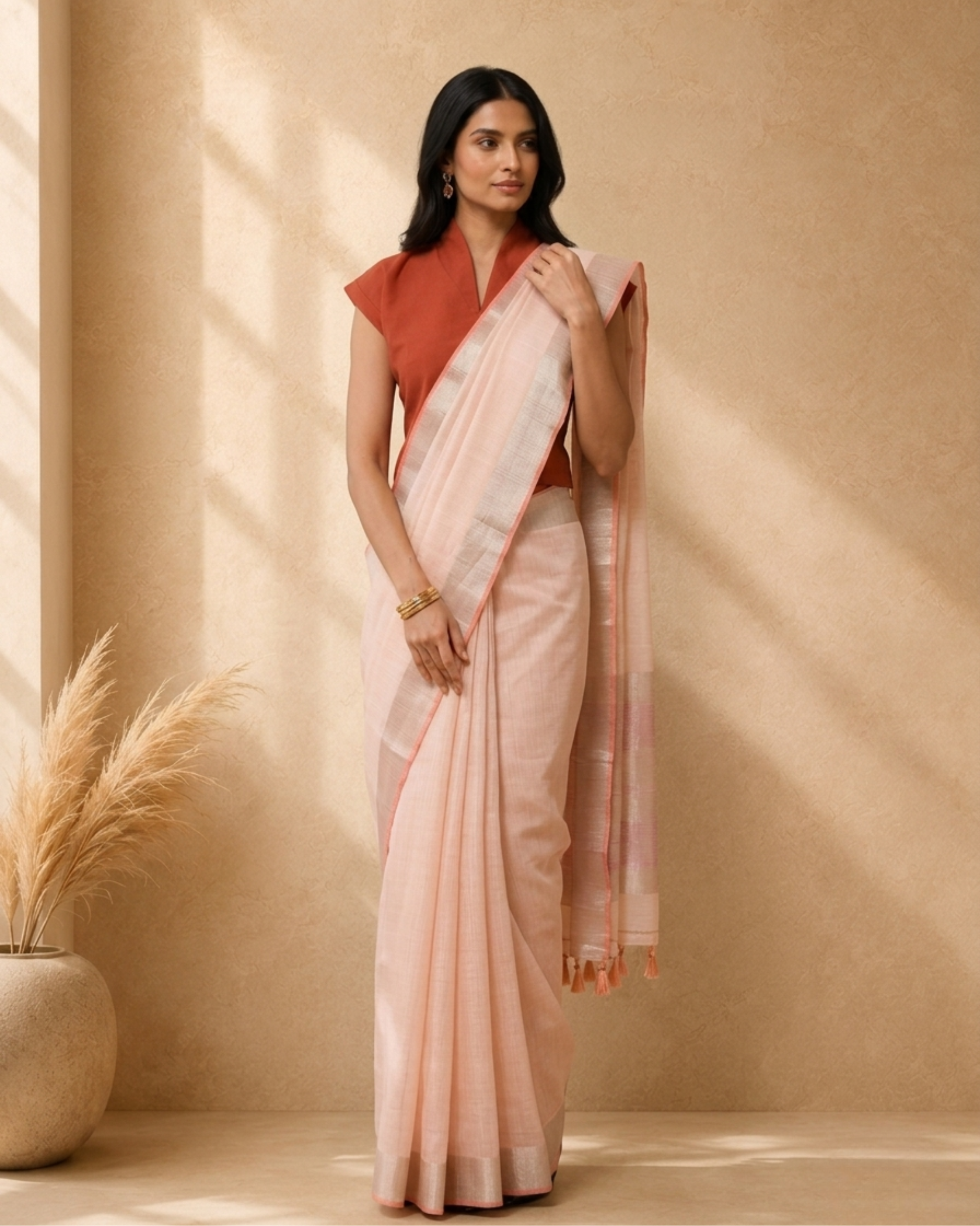 Pink Cotton Blend Woven Saree with Border