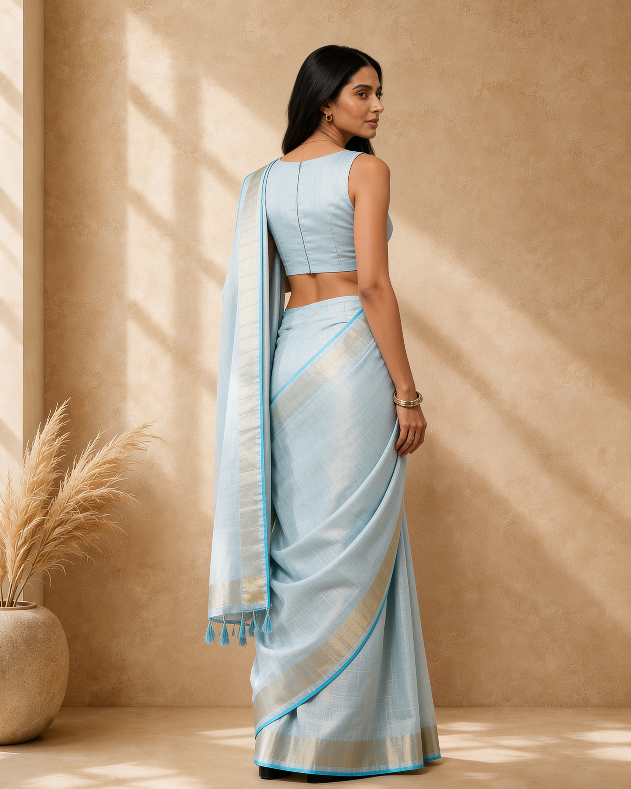 Light Blue Cotton Blend Woven Saree with Zari Border