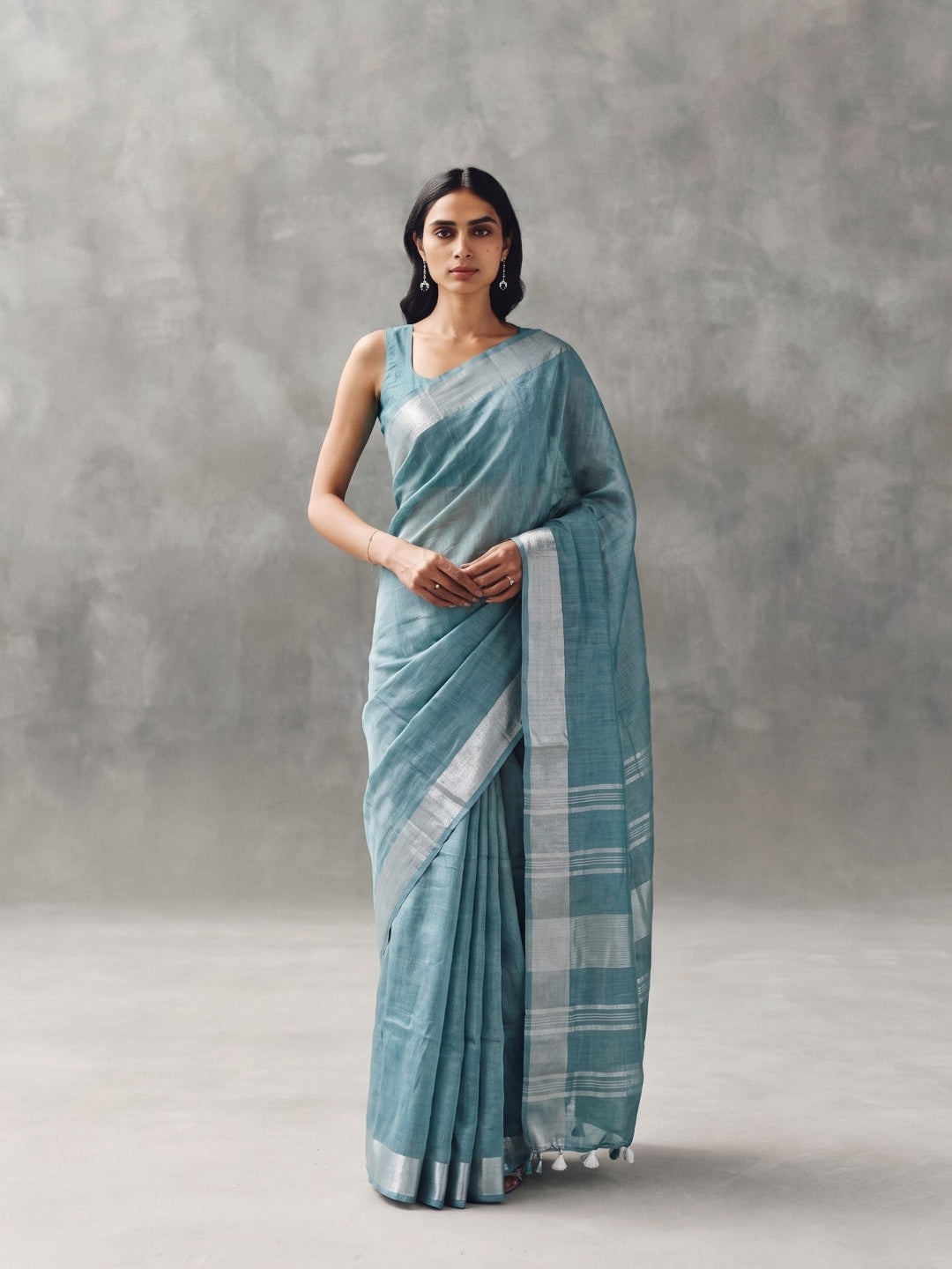 Blue Handloom Cotton Slub Saree with Silver Zari Border