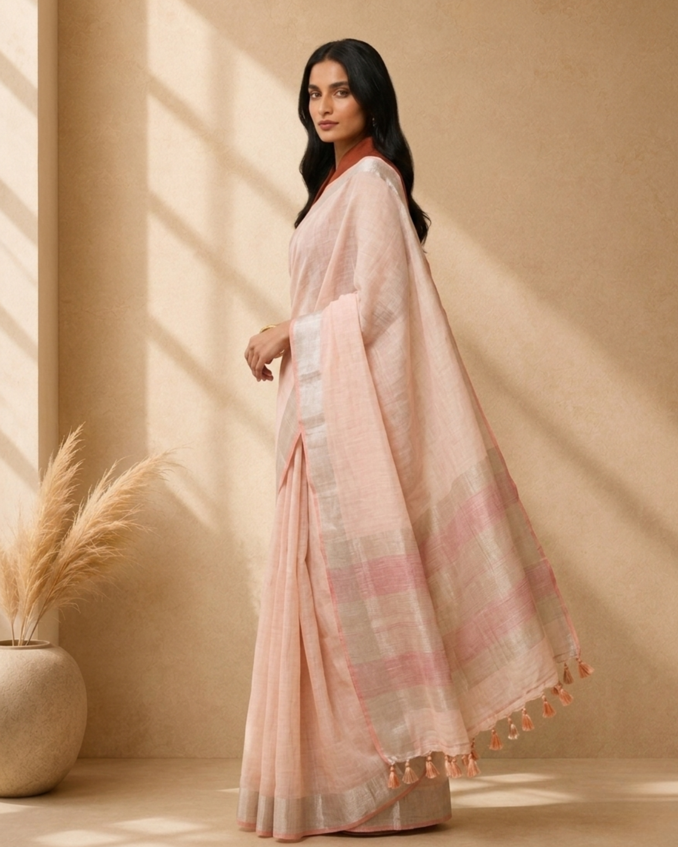 Pink Cotton Blend Woven Saree with Border