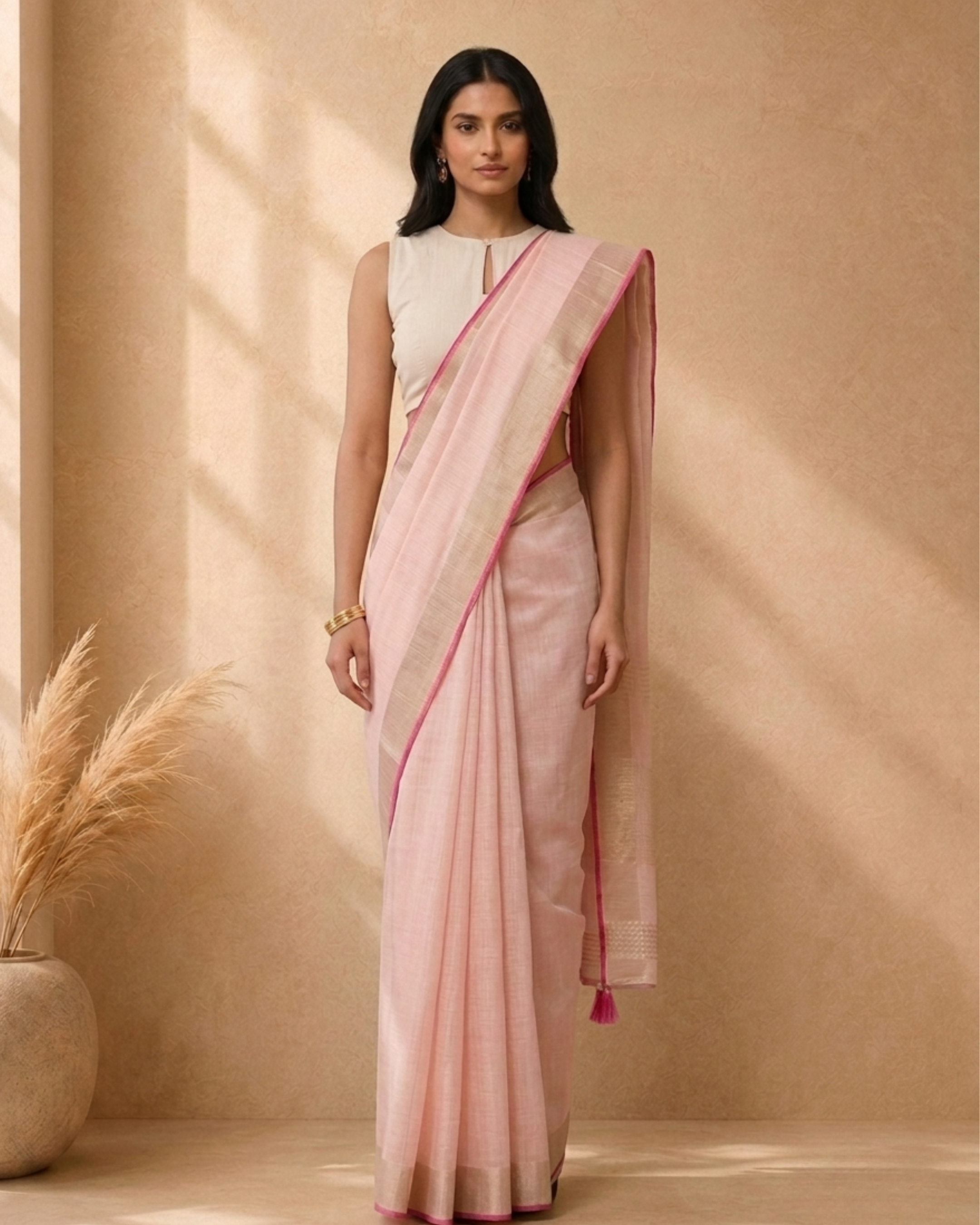 Light Pink Cotton Blend Woven Deisgn Saree with Gold Zari Border