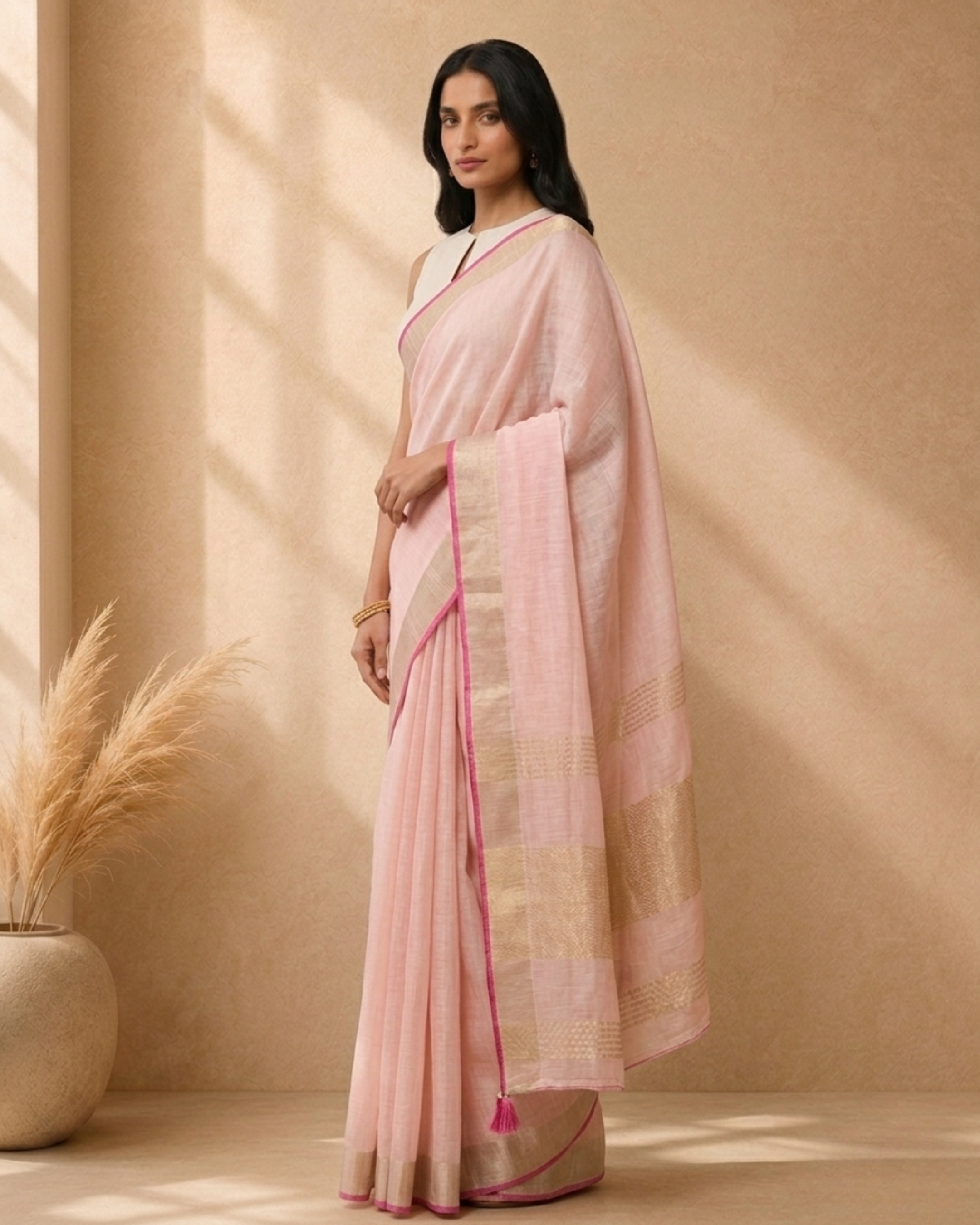 Light Pink Cotton Blend Woven Deisgn Saree with Gold Zari Border