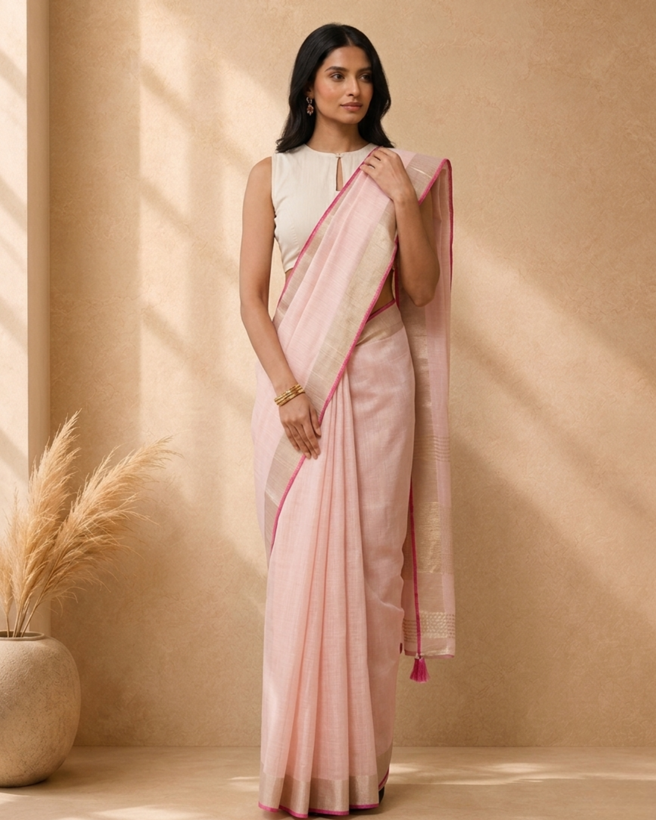 Light Pink Cotton Blend Woven Deisgn Saree with Gold Zari Border