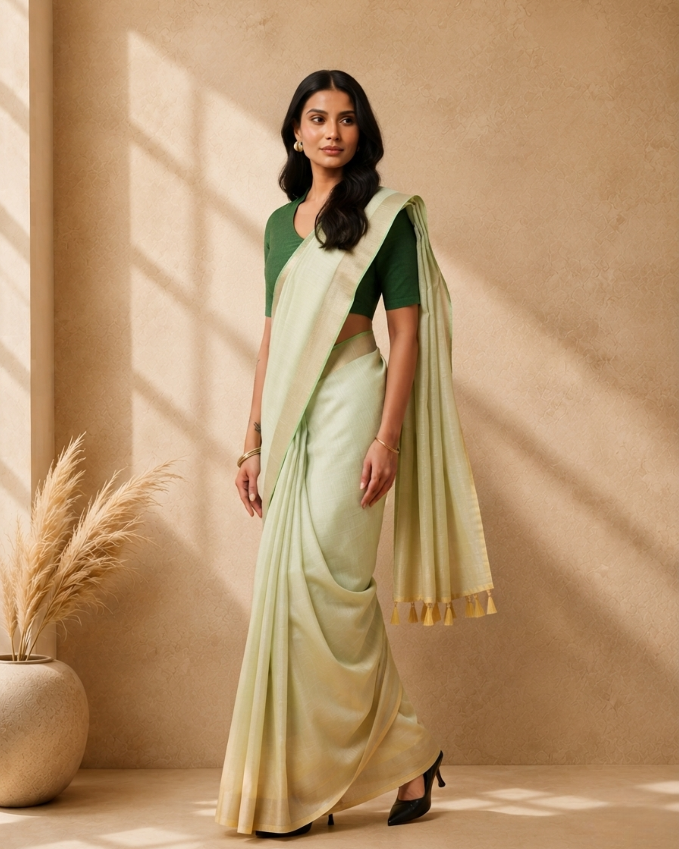 Lime Green Cotton Blend Woven Deisgn Saree with Gold Zari Border