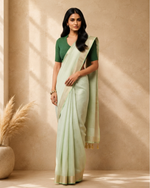 Lime Green Cotton Blend Woven Deisgn Saree with Gold Zari Border