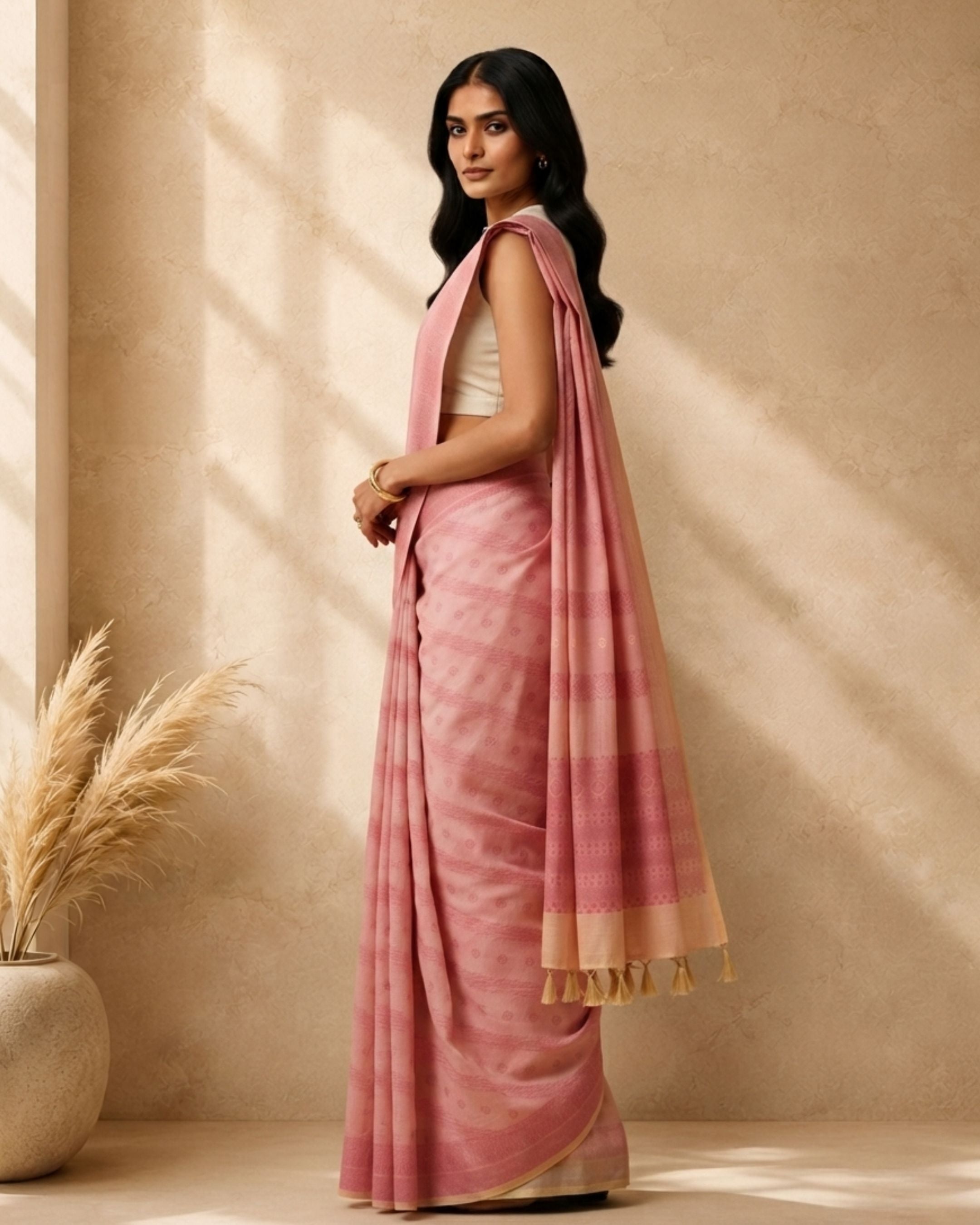 Pink Cotton Blend Ethnic Woven Design Saree with Woven Design