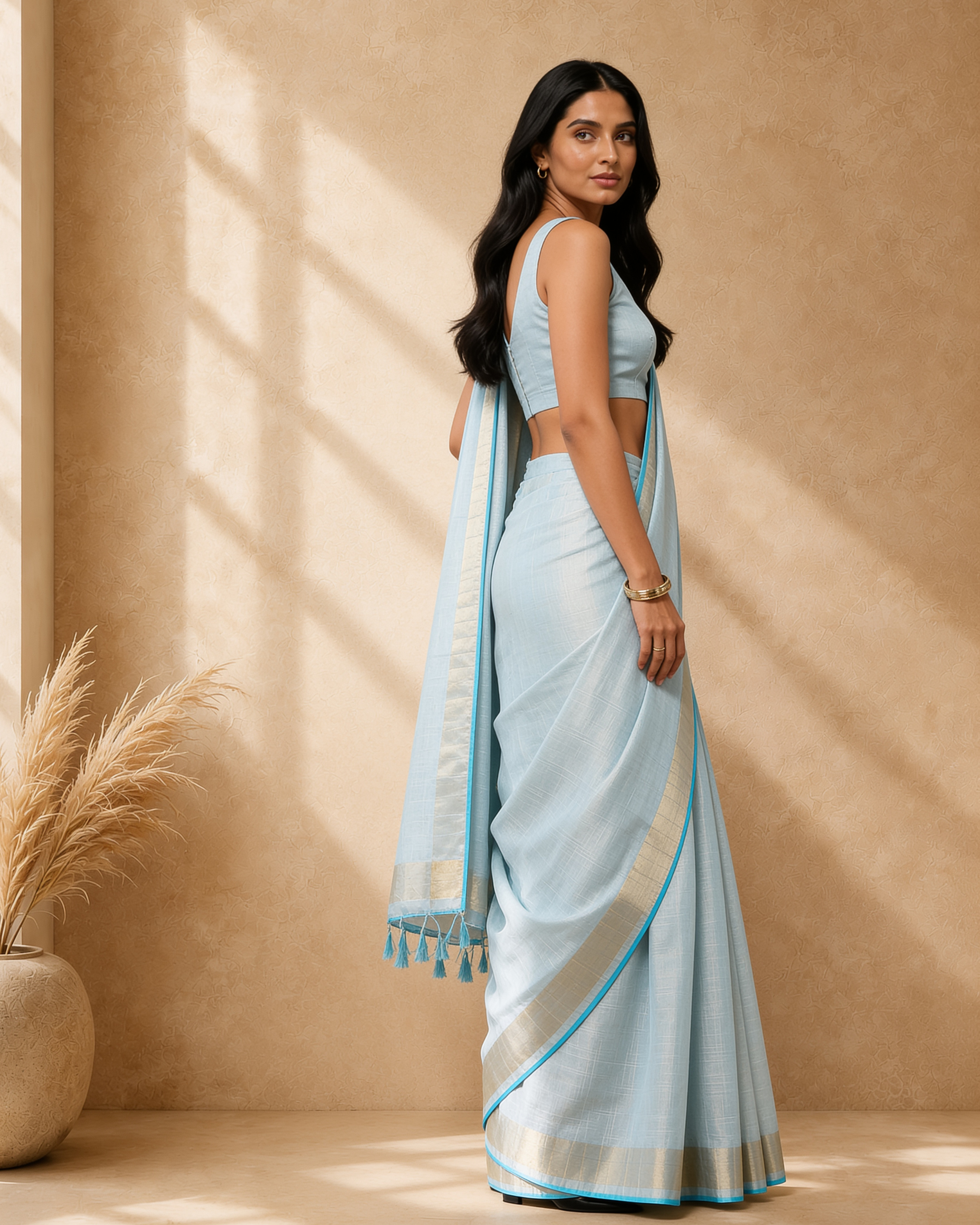 Light Blue Cotton Blend Woven Saree with Zari Border