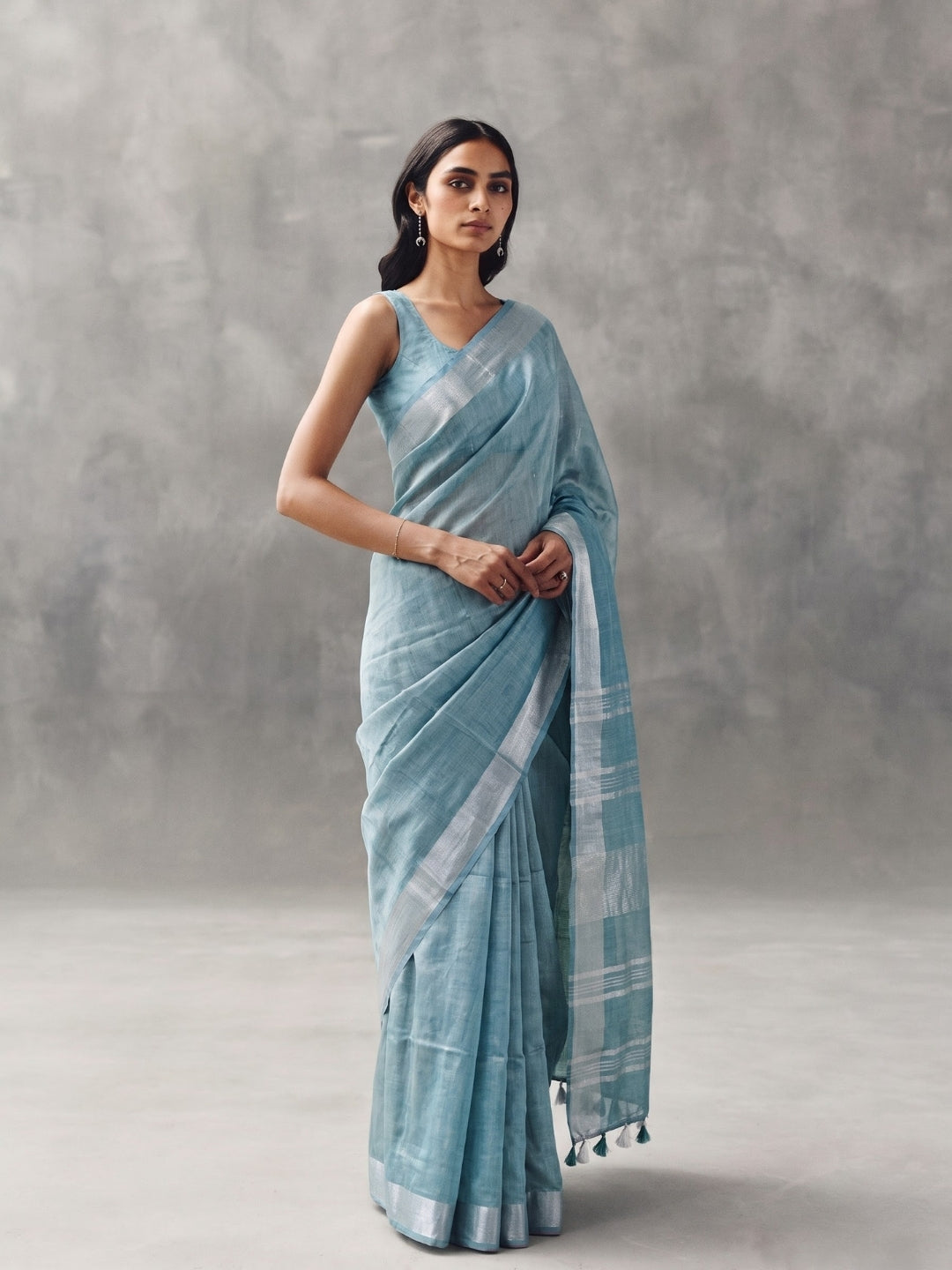 Sea Green Handloom Cotton Slub Saree with Silver Zari Border