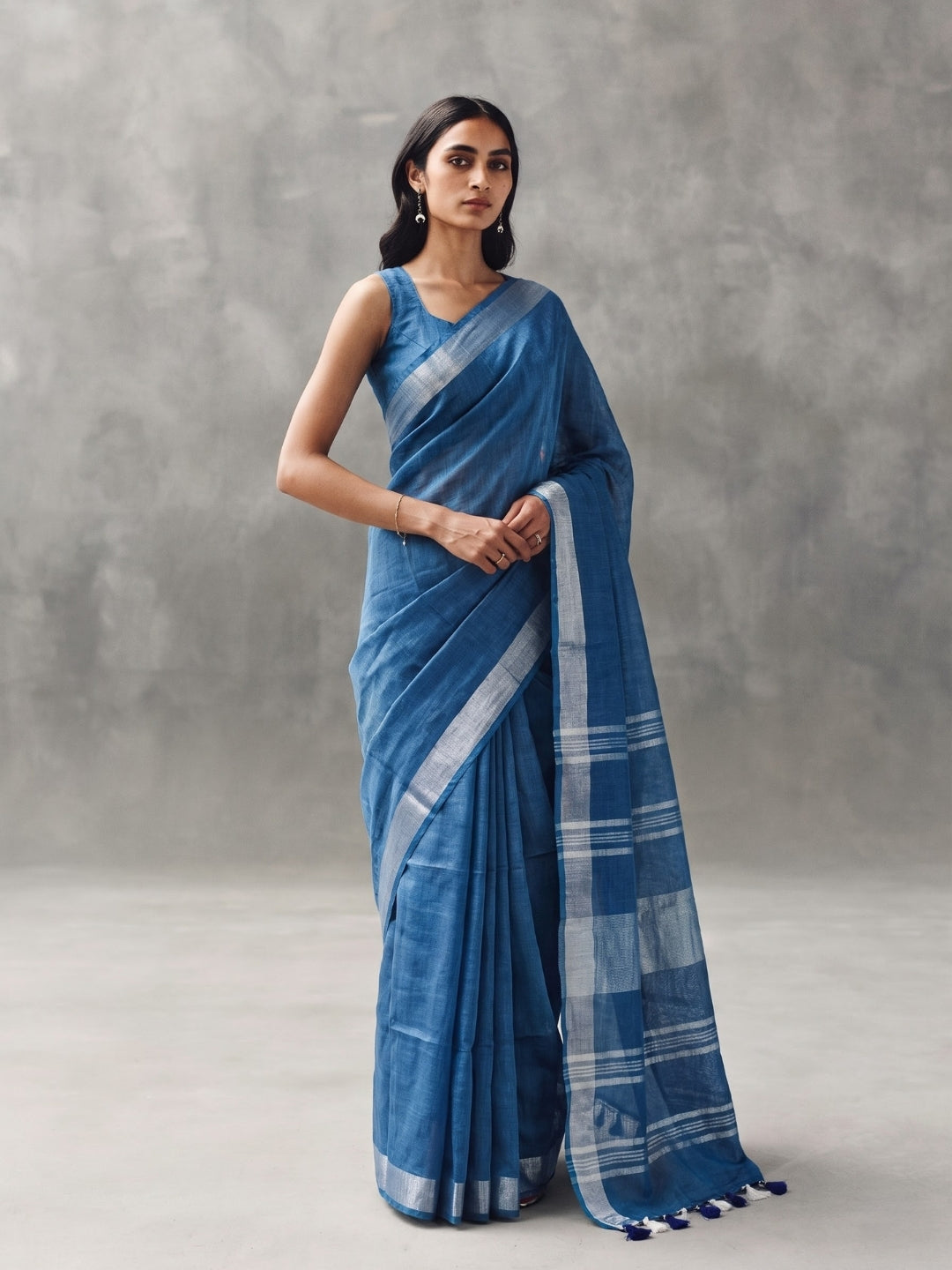 Blue Handloom Cotton Slub Saree with Silver Zari Border