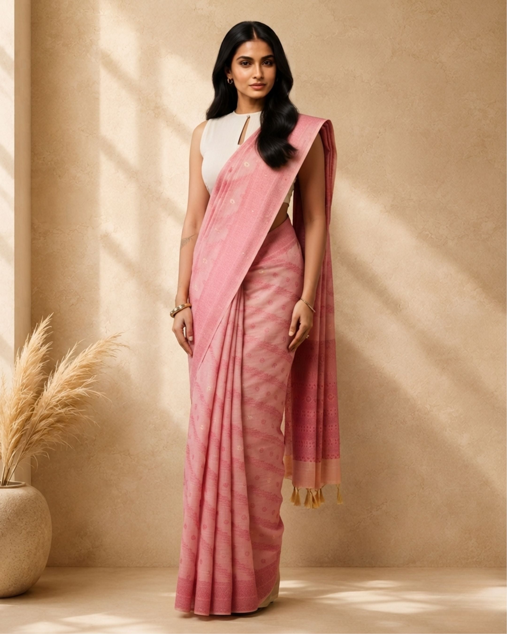 Pink Cotton Blend Ethnic Woven Design Saree with Woven Design