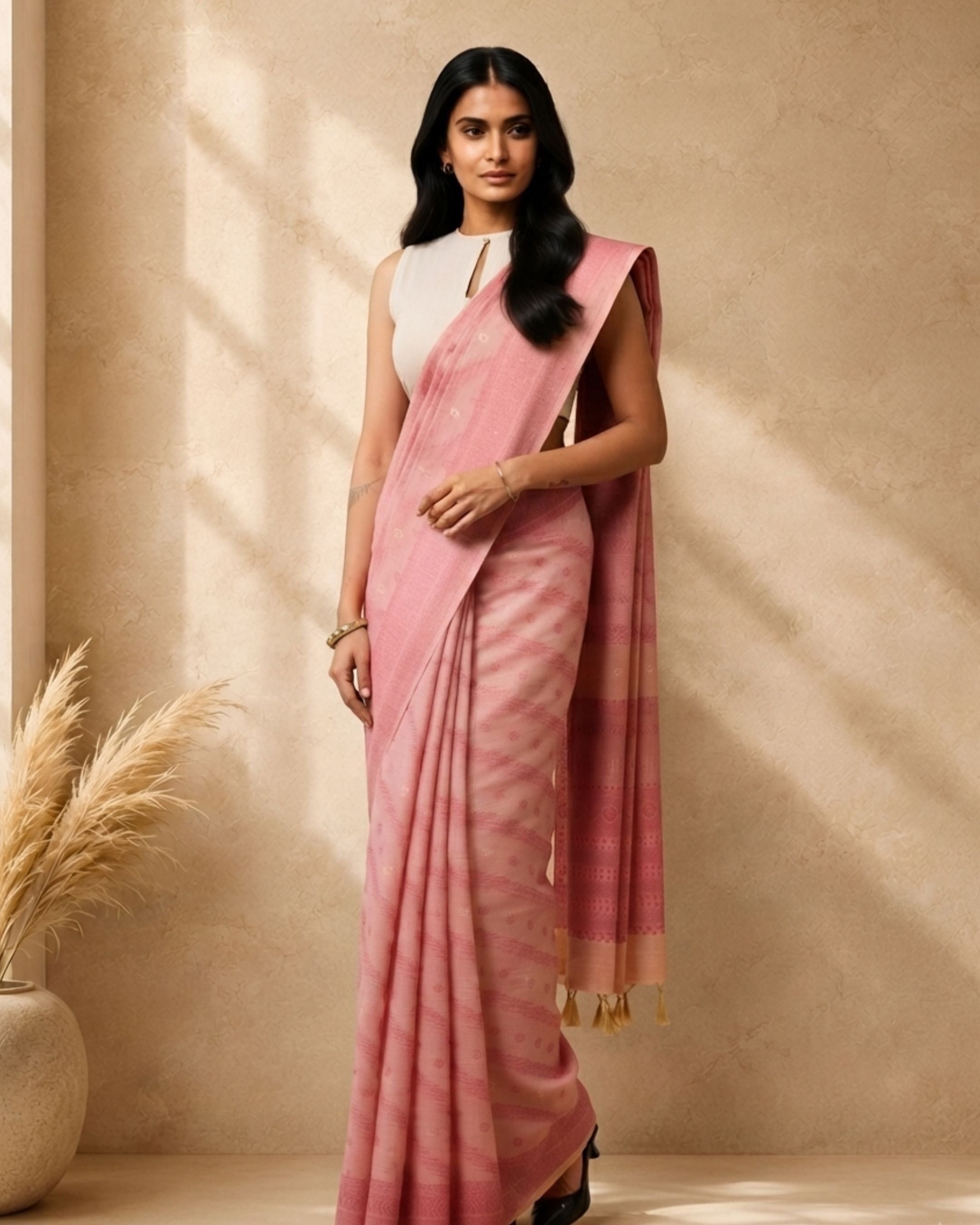 Pink Cotton Blend Ethnic Woven Design Saree with Woven Design