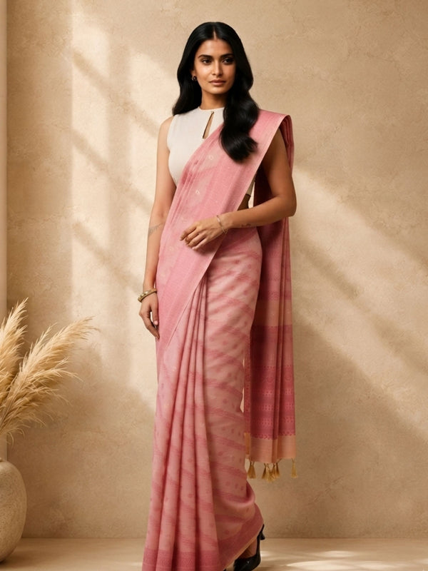 Pink Cotton Blend Ethnic Woven Design Saree with Woven Design