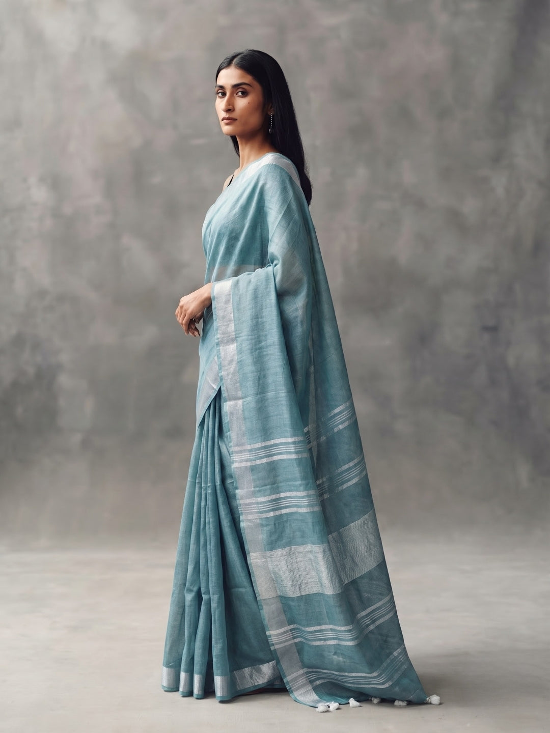 Sea Green Handloom Cotton Slub Saree with Silver Zari Border