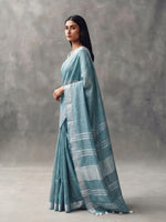 Sea Green Handloom Cotton Slub Saree with Silver Zari Border