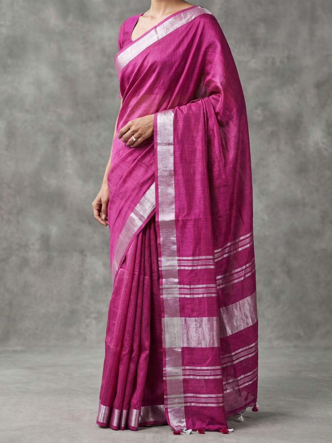 Pink Handloom Cotton Slub Saree with Silver Zari Border