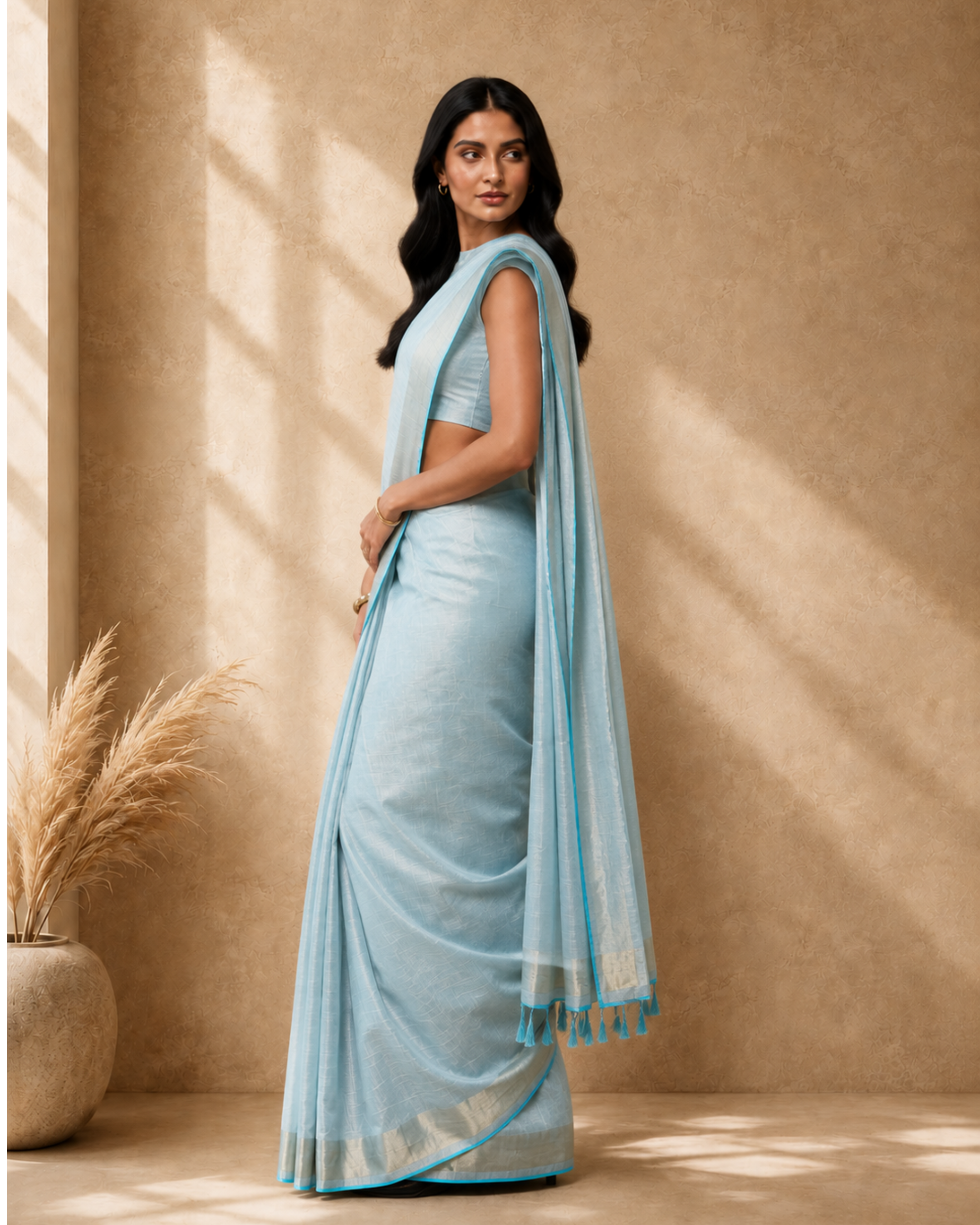 Light Blue Cotton Blend Woven Saree with Zari Border