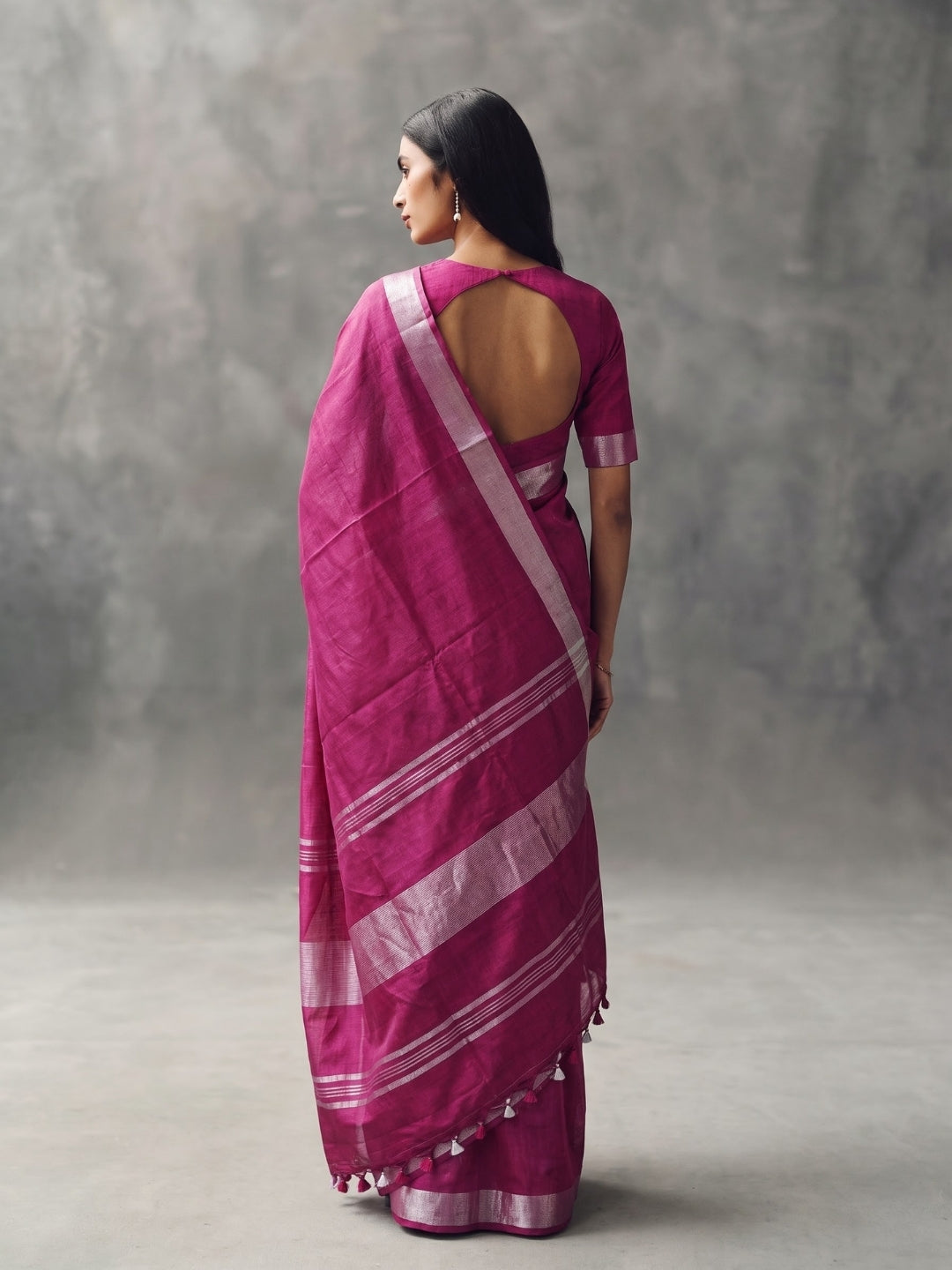 Pink Handloom Cotton Slub Saree with Silver Zari Border