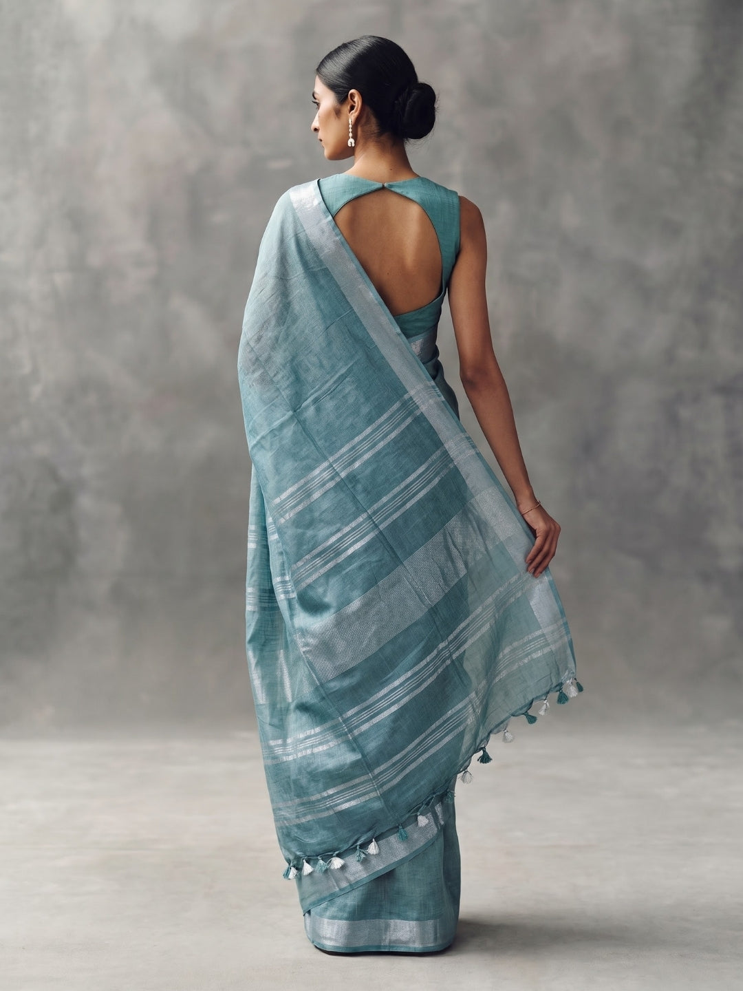 Sea Green Handloom Cotton Slub Saree with Silver Zari Border