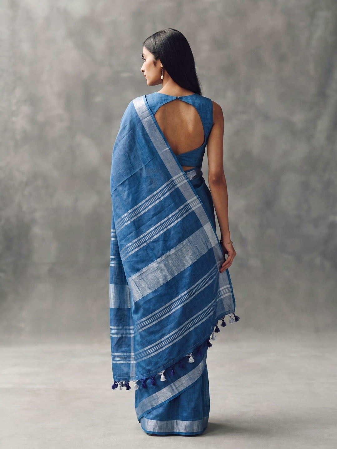 Blue Handloom Cotton Slub Saree with Silver Zari Border
