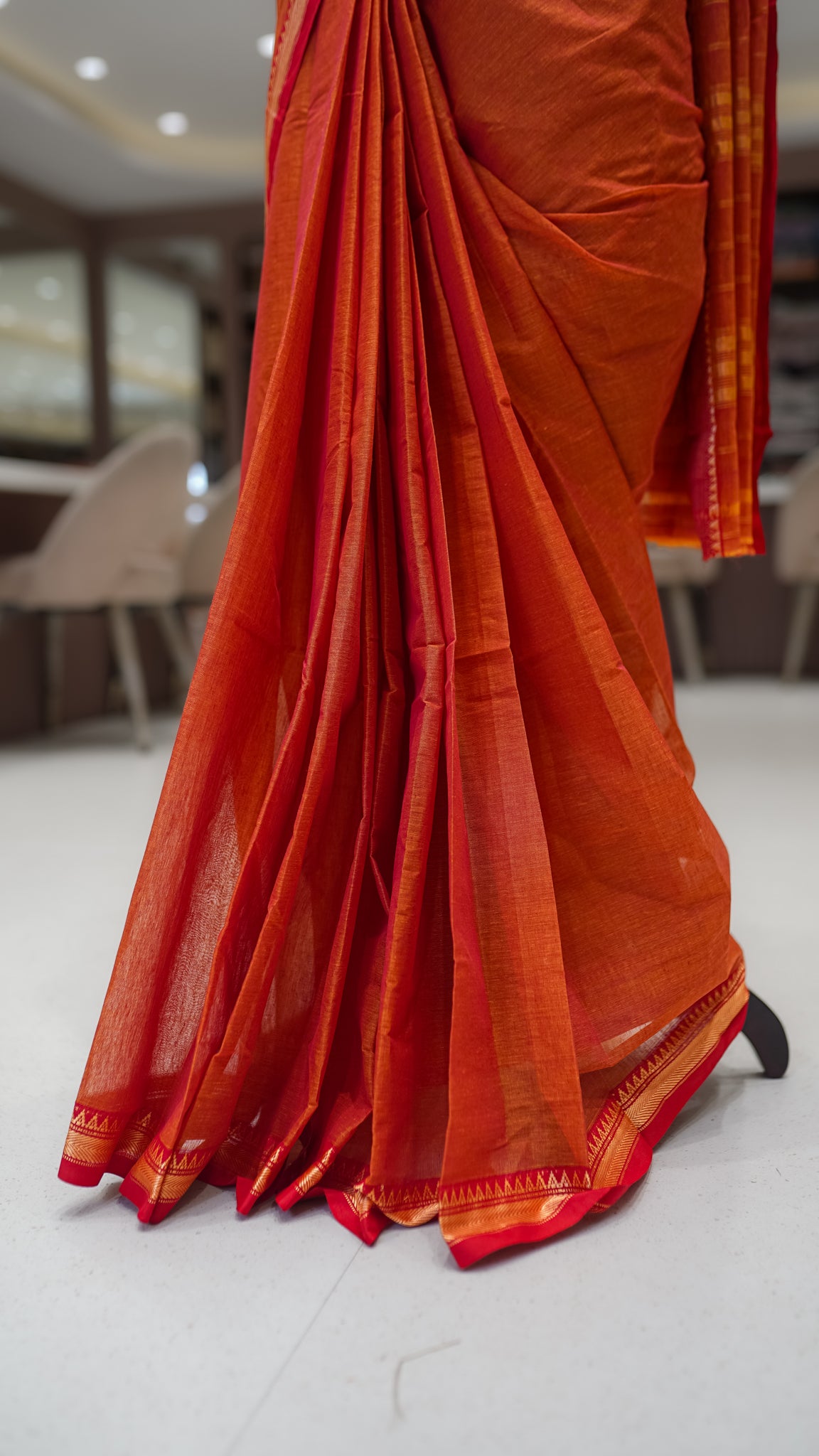 Orange Mercerized Cotton Saree with Temple Border
