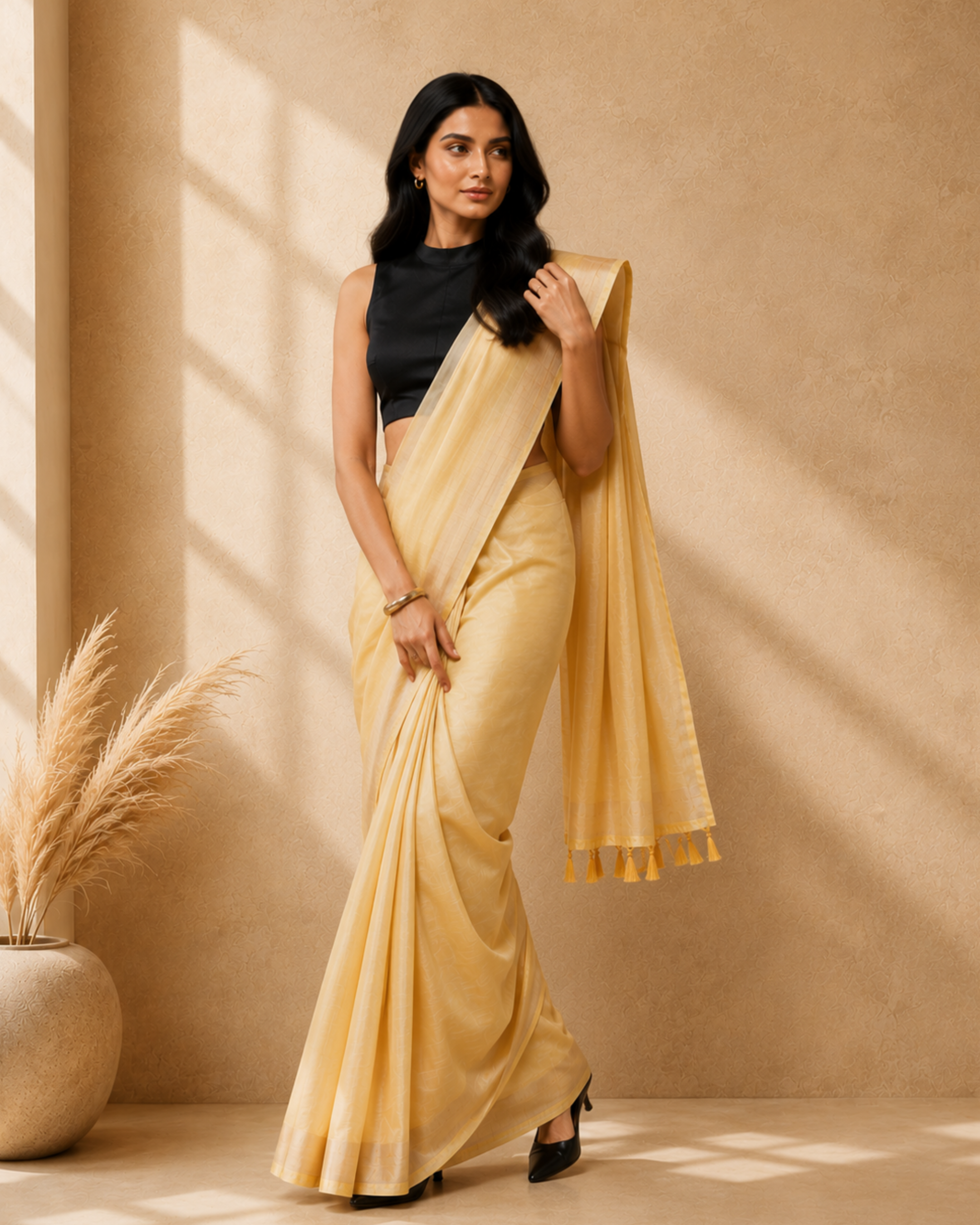Yellow Cotton Blend Woven Deisgn Saree with Gold Zari Border