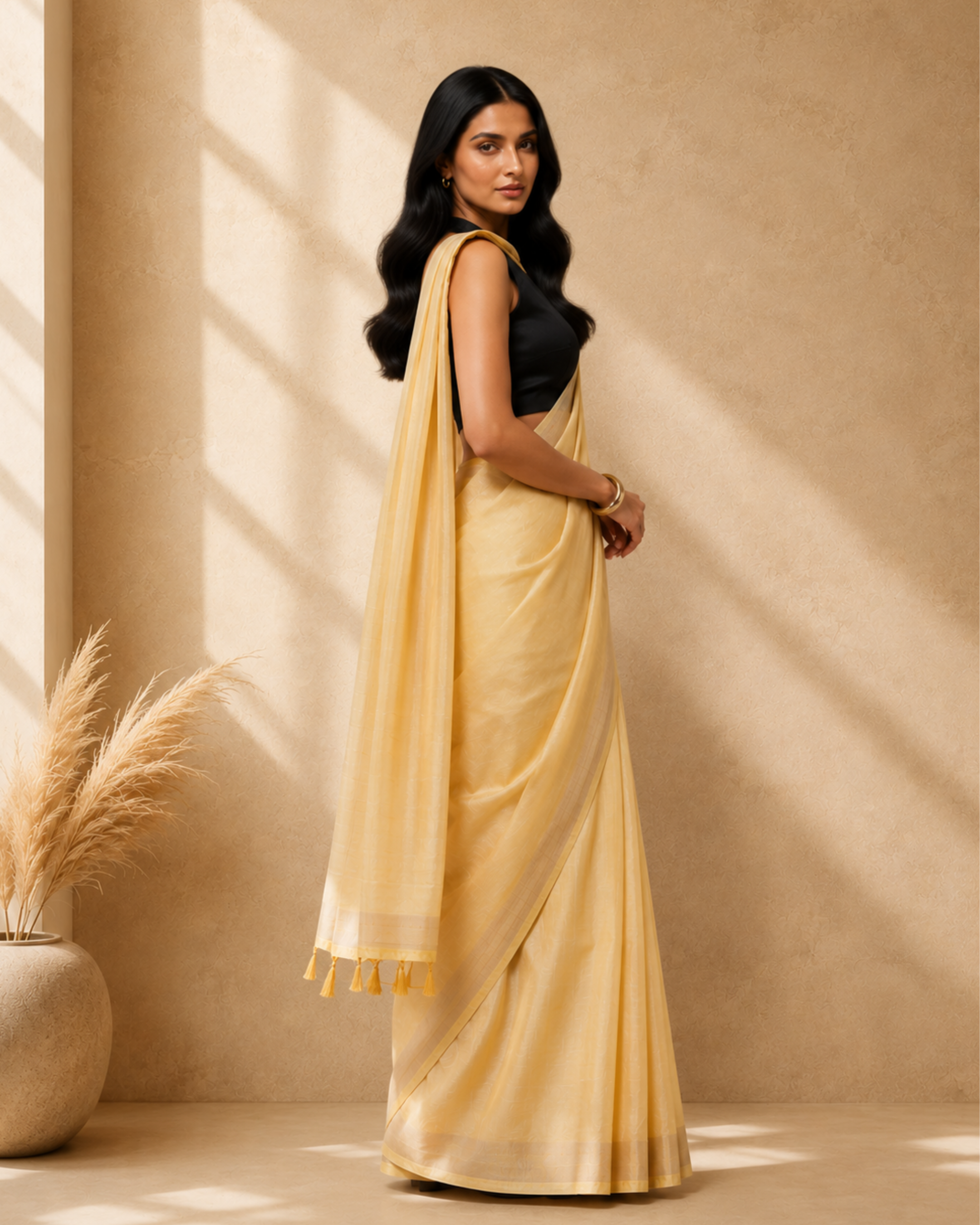 Yellow Cotton Blend Woven Deisgn Saree with Gold Zari Border