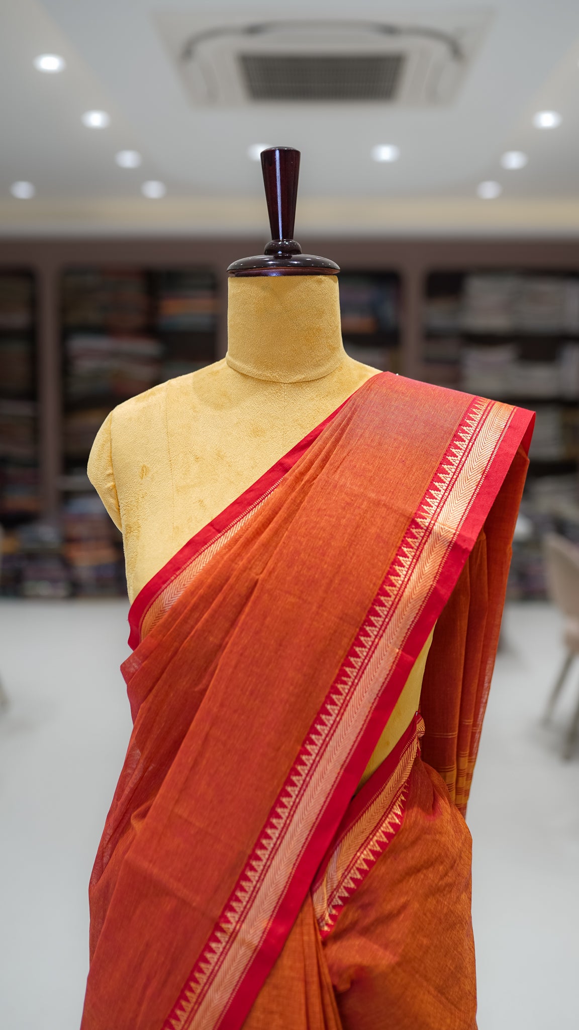 Orange Mercerized Cotton Saree with Temple Border