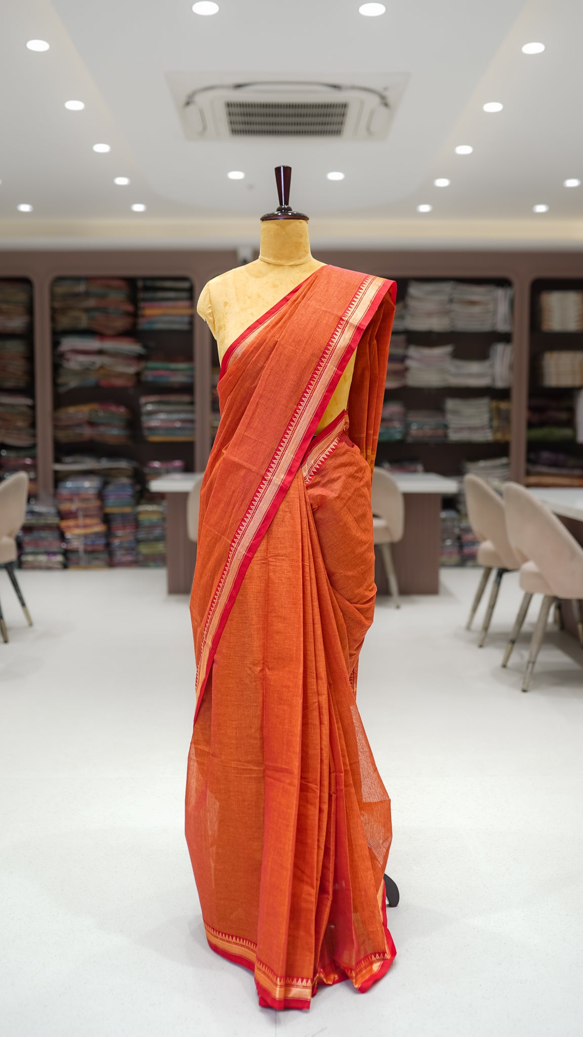 Orange Mercerized Cotton Saree with Temple Border