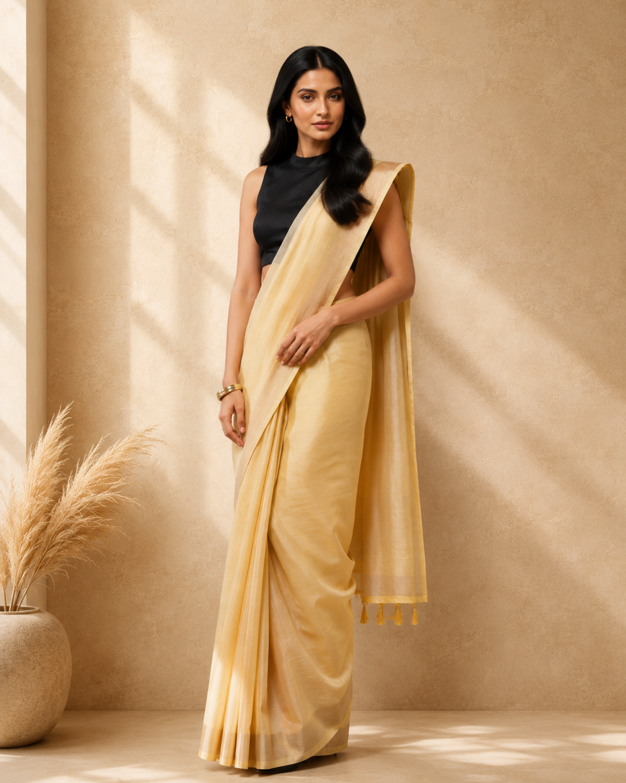 Yellow Cotton Blend Woven Deisgn Saree with Gold Zari Border