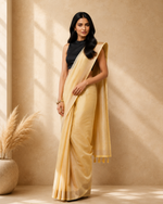 Yellow Cotton Blend Woven Deisgn Saree with Gold Zari Border