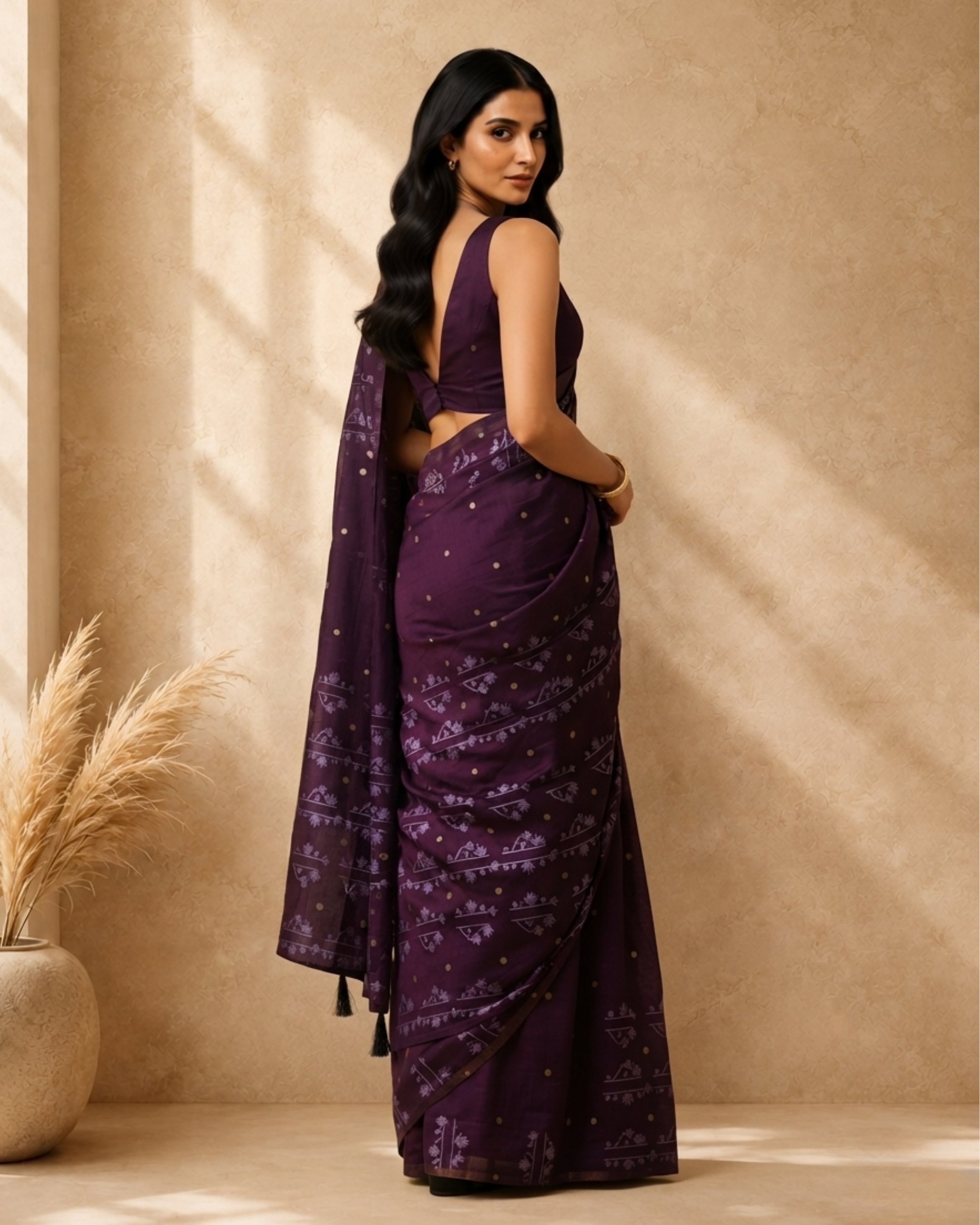 Purple Cotton Blend Ethnic Woven Design Saree with Sequinned