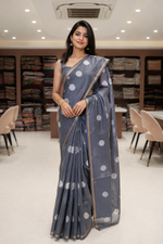 Grey Circular Threadwork Design Handloom Saree