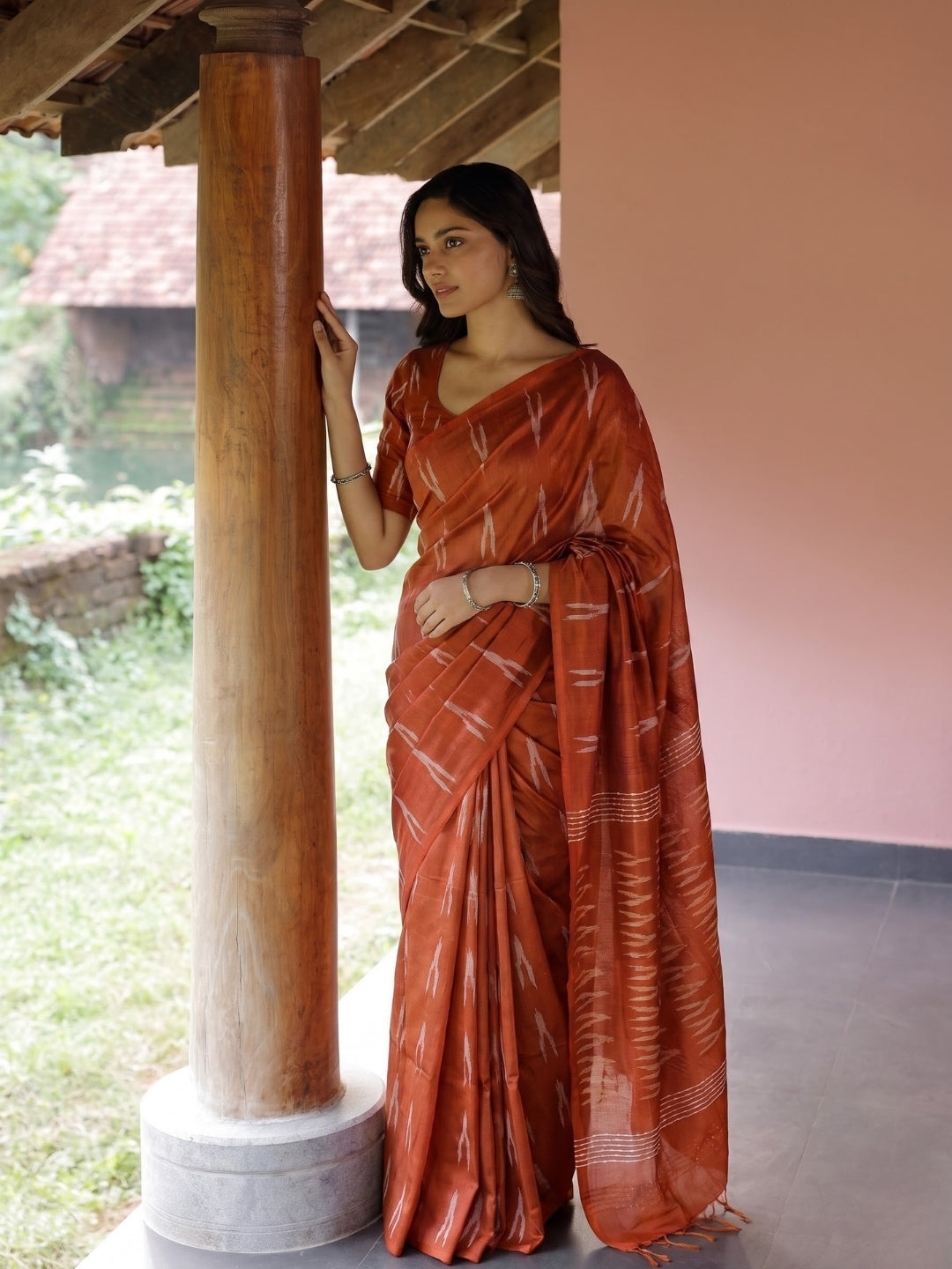 Rust Orange Ikat Woven Design Handloom Saree