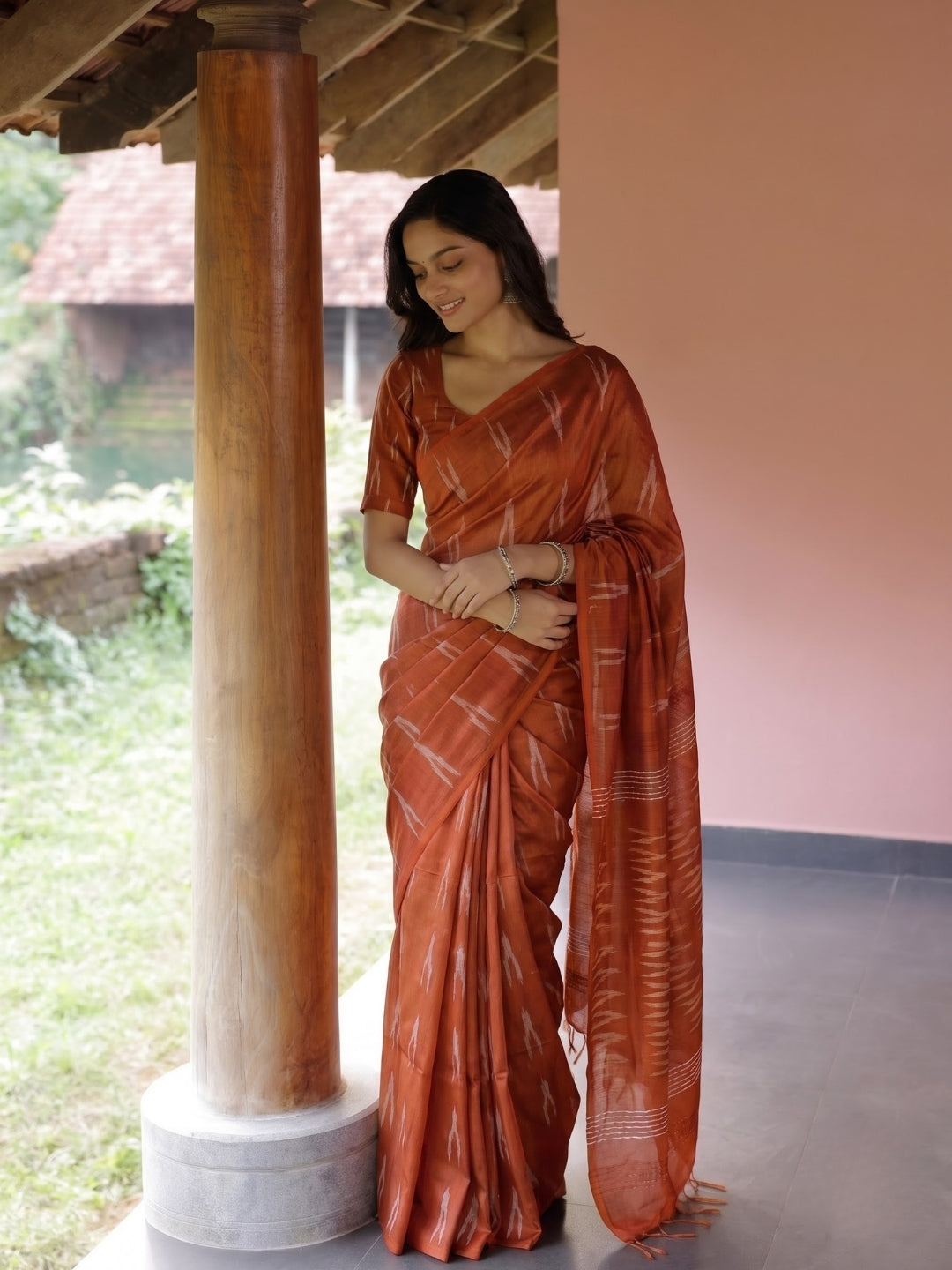 Rust Orange Ikat Woven Design Handloom Saree