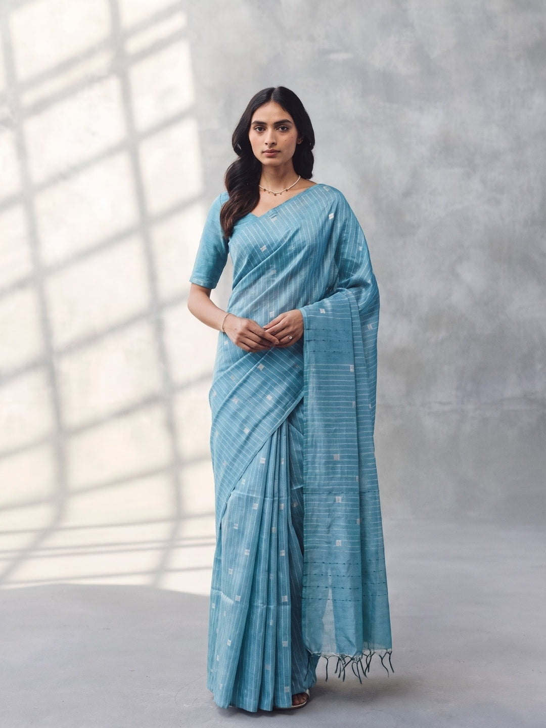 Light Blue Threadwork Design Handloom Saree