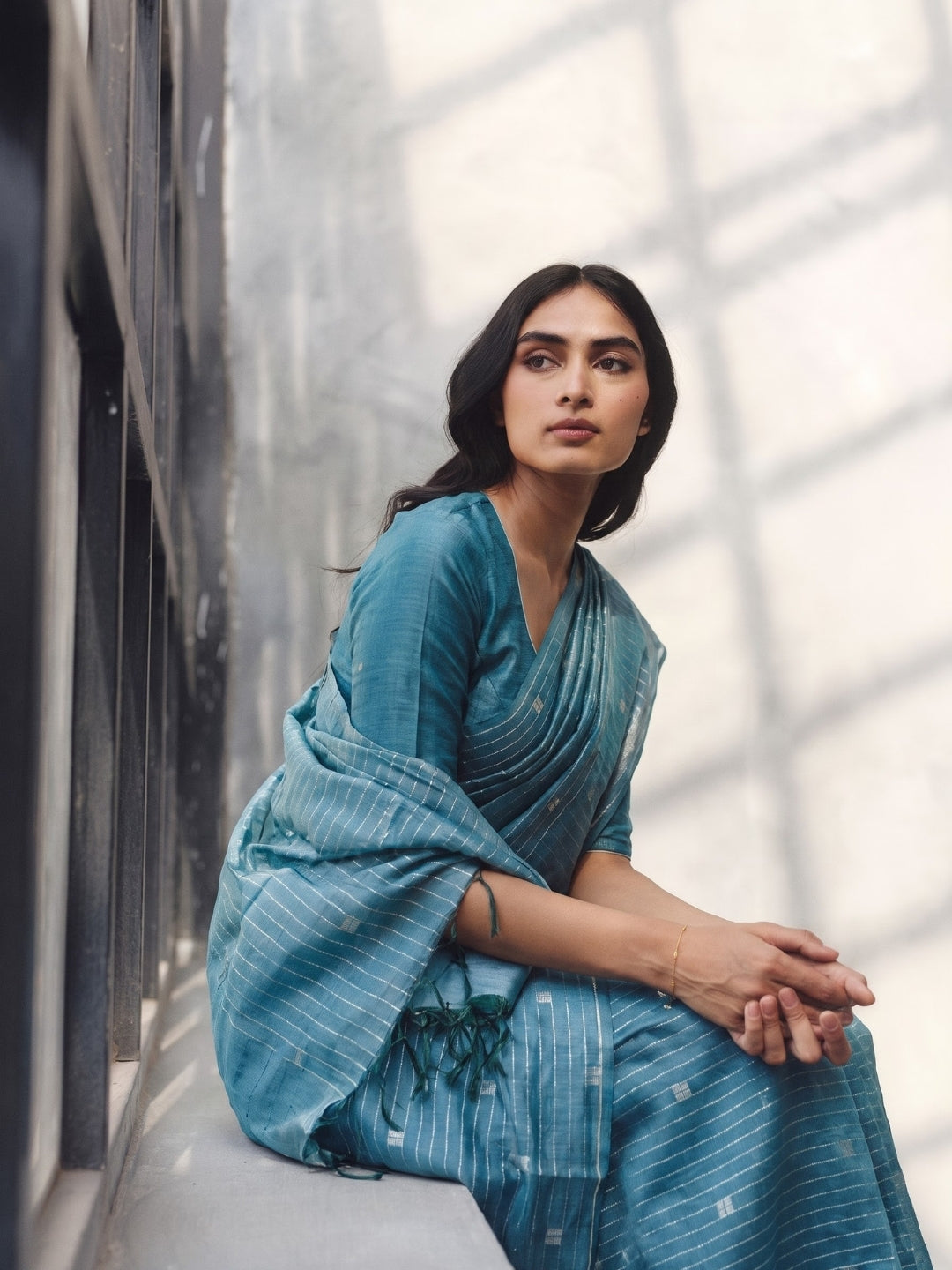 Light Blue Threadwork Design Handloom Saree