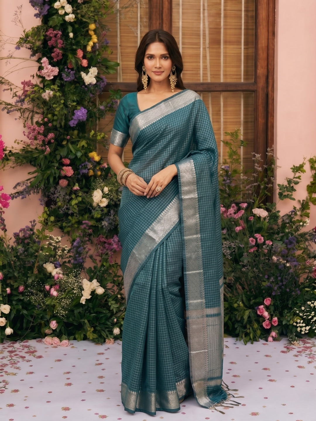 Turquoise Blue Maheshwari Check Saree with Zari Border