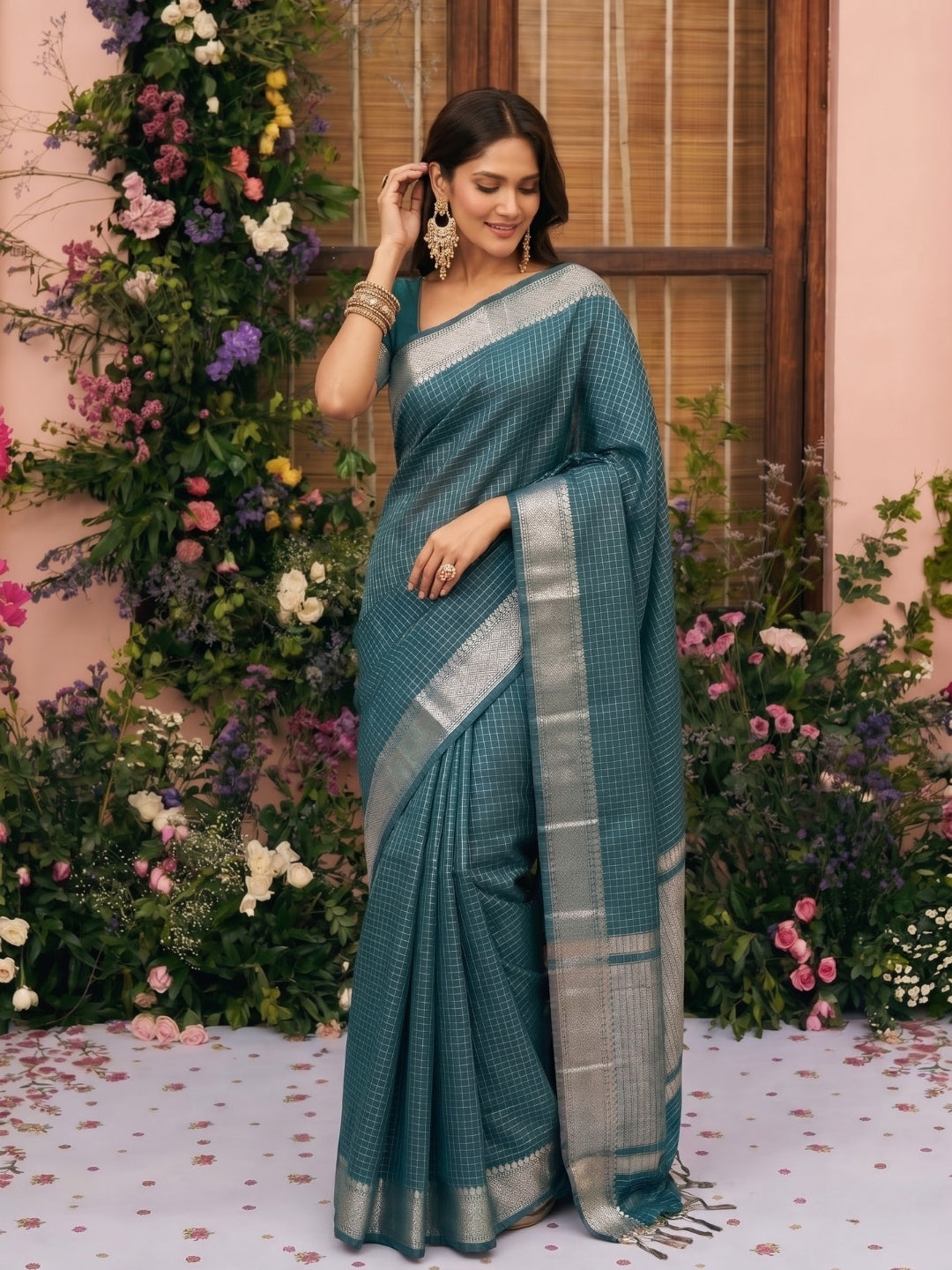 Turquoise Blue Maheshwari Check Saree with Zari Border