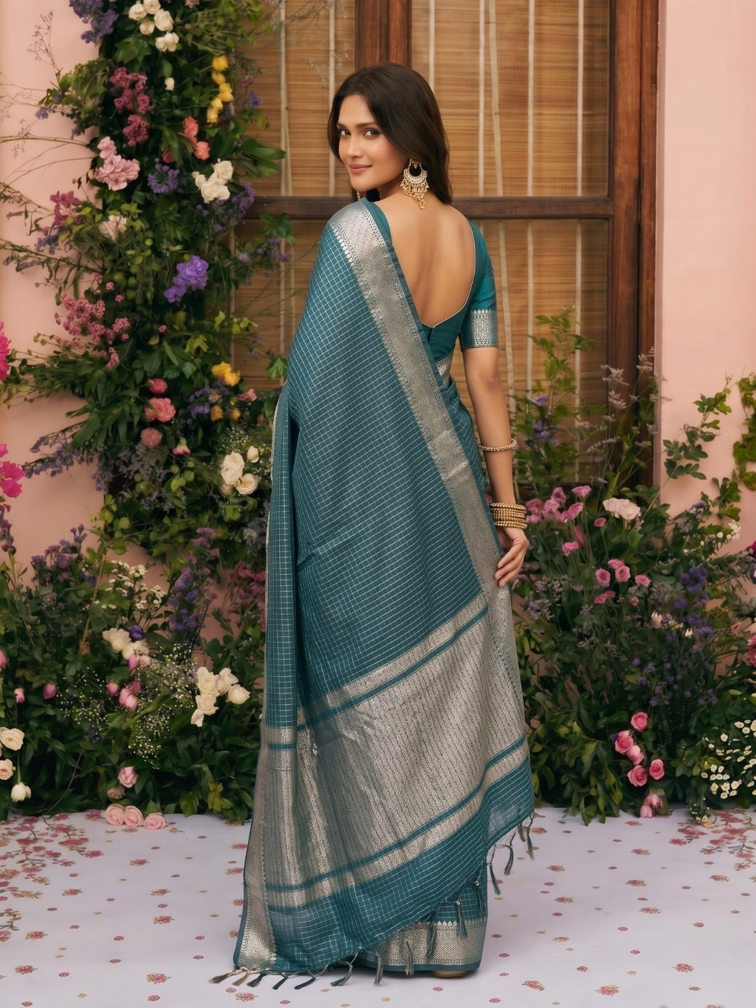 Turquoise Blue Maheshwari Check Saree with Zari Border