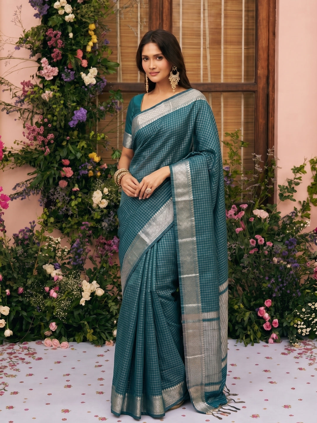 Turquoise Blue Maheshwari Check Saree with Zari Border