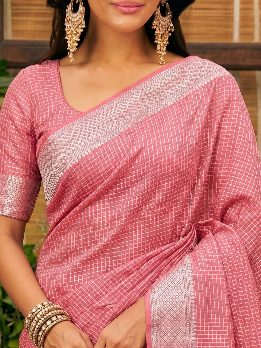 Pink Maheshwari Chanderi Saree with Zari Border