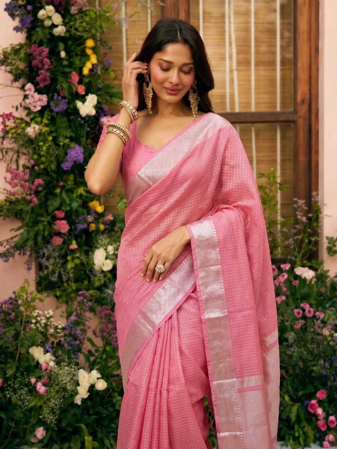 Pink Maheshwari Chanderi Saree with Zari Border